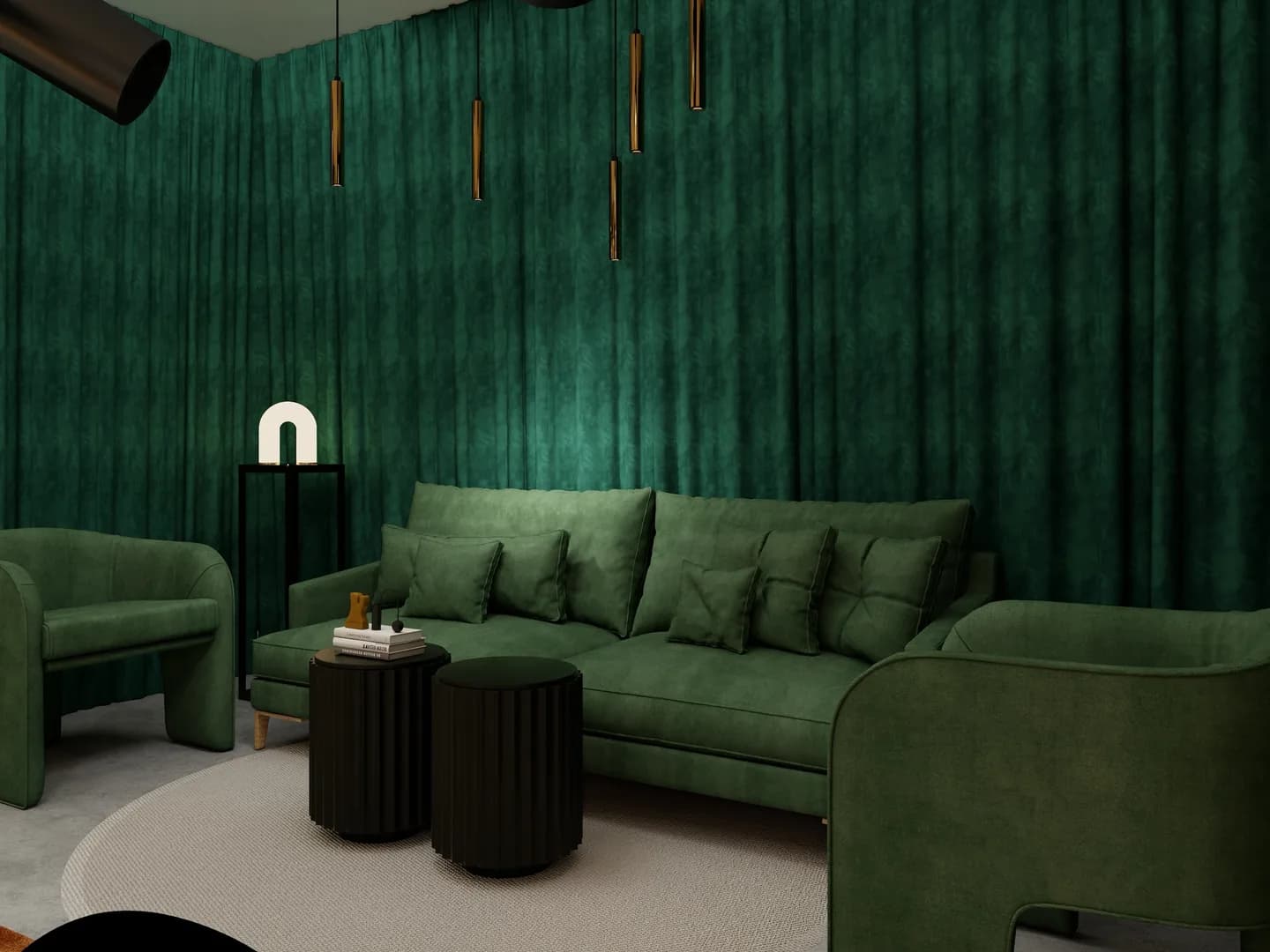 Rendu 3D d’un plateau de tournage : rideaux de velours vert, canapé et fauteuils en velours vert, suspensions dorées, projecteurs au plafond.