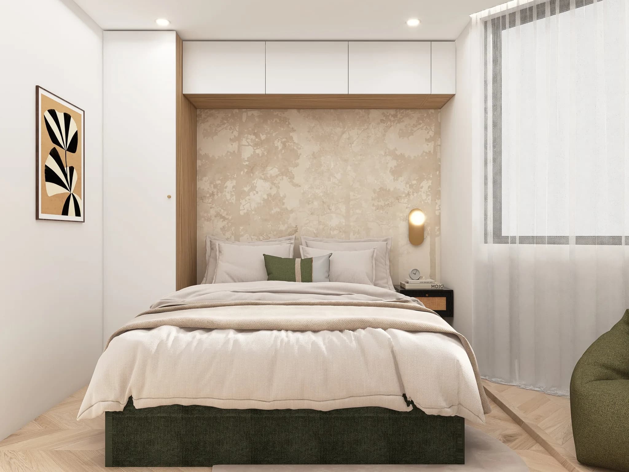 Rendu 3D d’une chambre : tête de lit en papier peint marbré, linge beige, sommier vert, rangements hauts blancs.