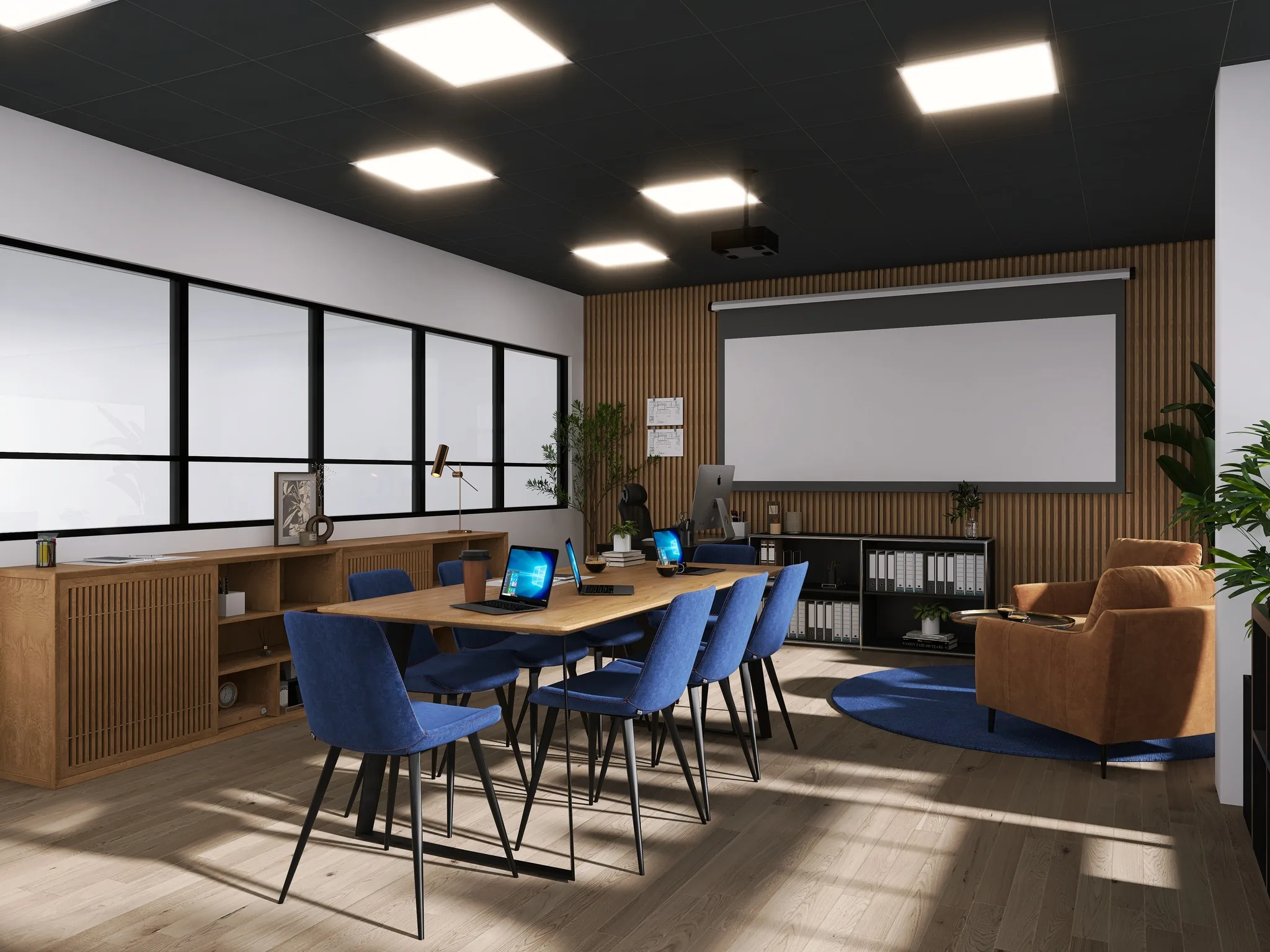 Rendu 3D d’un plateau de bureaux : grande table aux chaises bleu roi, écran de projection, lambris de bois, fauteuils cognac, plafond noir.