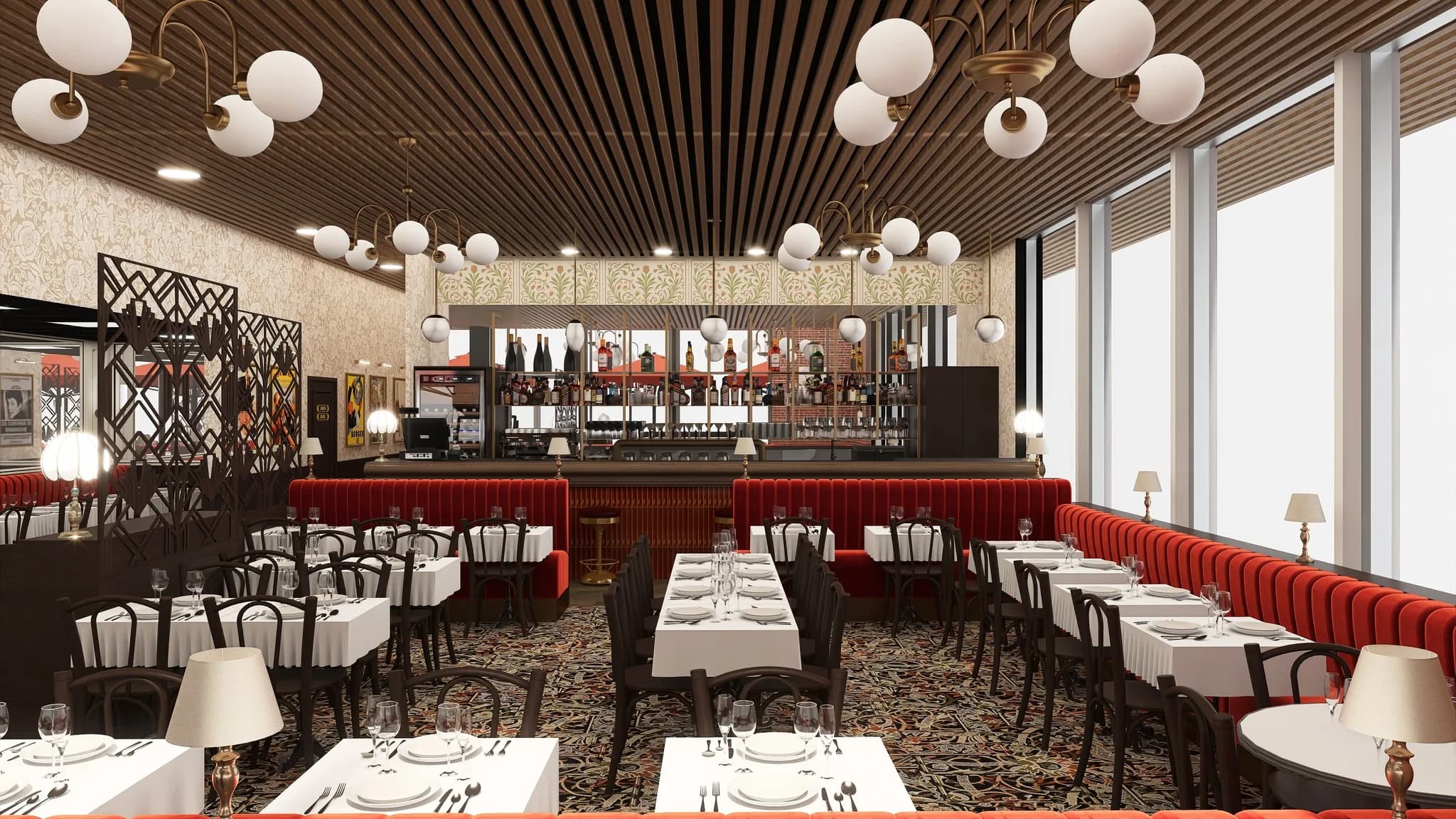 Rendu 3D d’une brasserie : banquettes de velours rouge, nappes blanches, plafond à lattes de bois, globes lumineux, bar au fond.