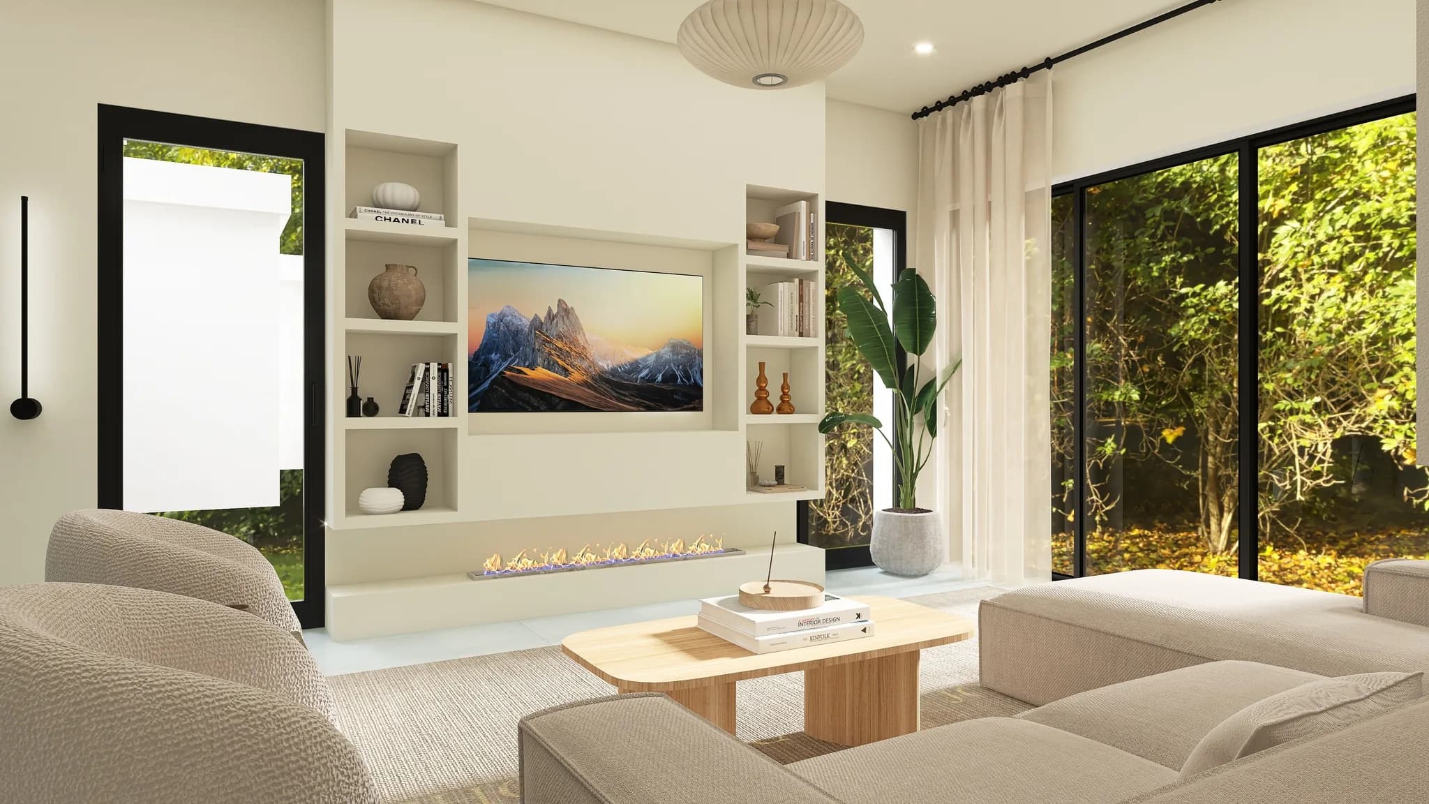 Rendu 3D d’un séjour : canapé beige, cheminée linéaire sous un tableau de montagnes, niches éclairées, baie sur le jardin.