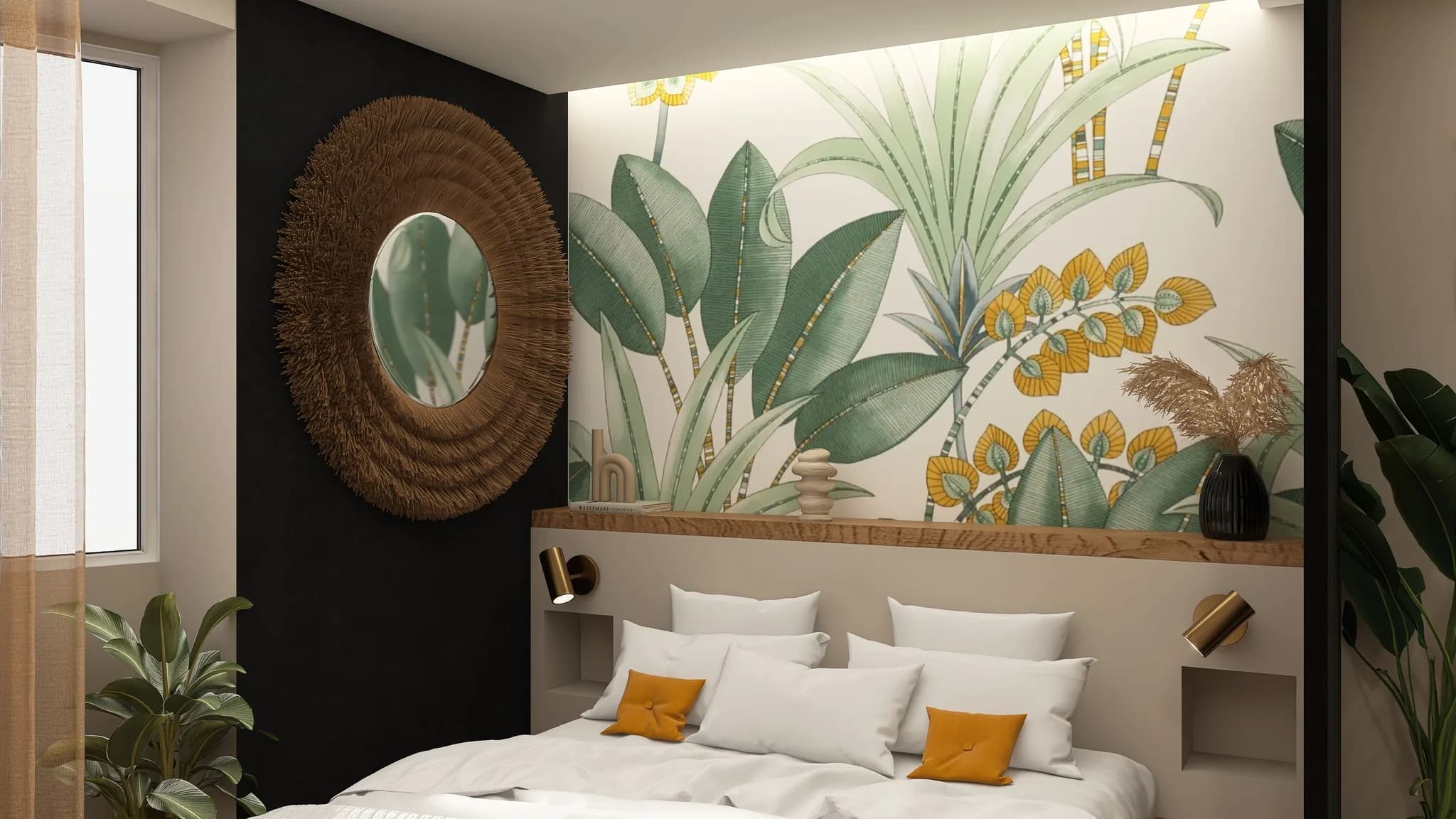 Rendu 3D d’une chambre : papier peint aux feuillages tropicaux, miroir en rotin sur un mur noir, linge blanc aux coussins moutarde.