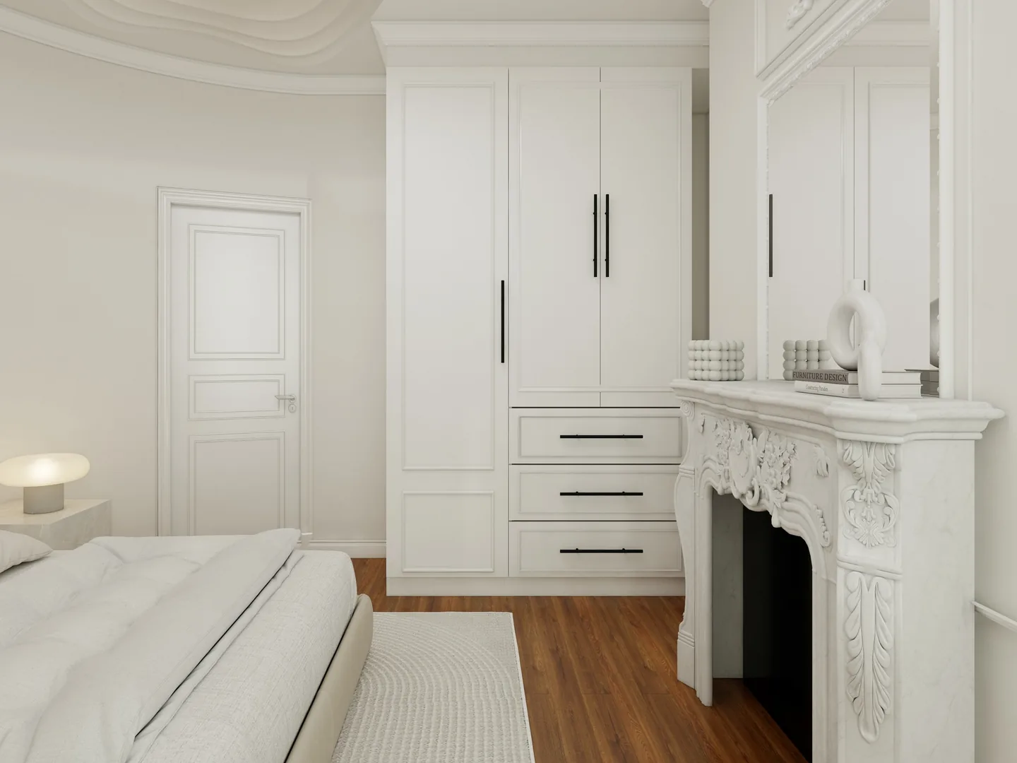 Rendu 3D d’une chambre : cheminée en marbre blanc sculpté, placards blancs à moulures, parquet en bois.