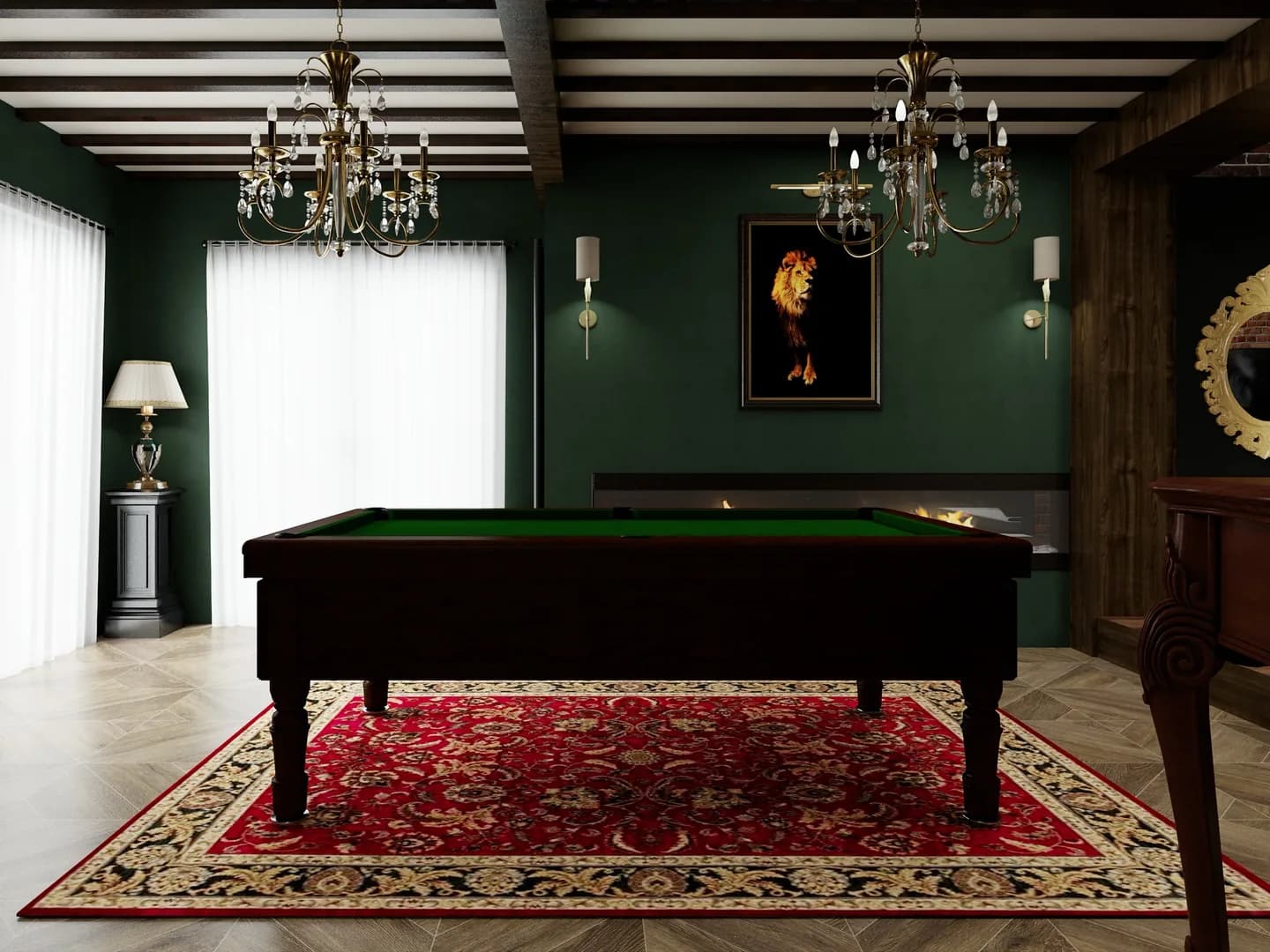 Rendu 3D d’une salle de billard : murs vert sombre, poutres apparentes, lustres à pampilles, tapis persan rouge, table de billard au tapis vert.