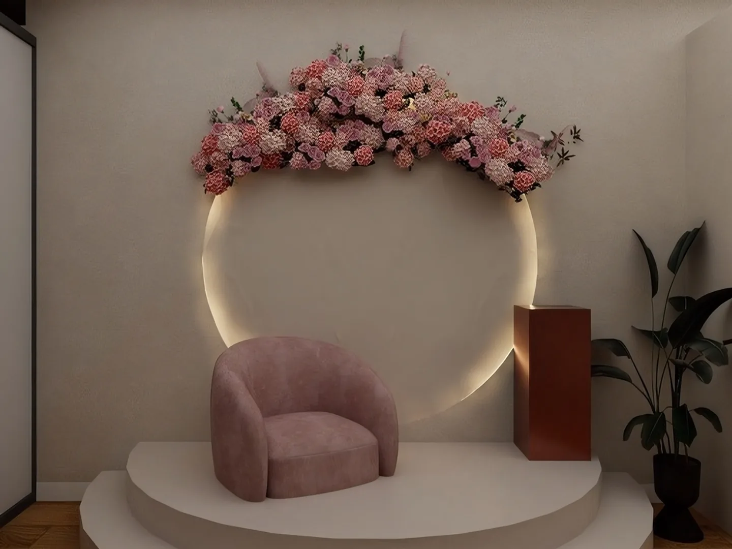 Rendu 3D d’un coin photo : fauteuil en velours rose sur une estrade ronde, cercle lumineux couronné de fleurs roses.