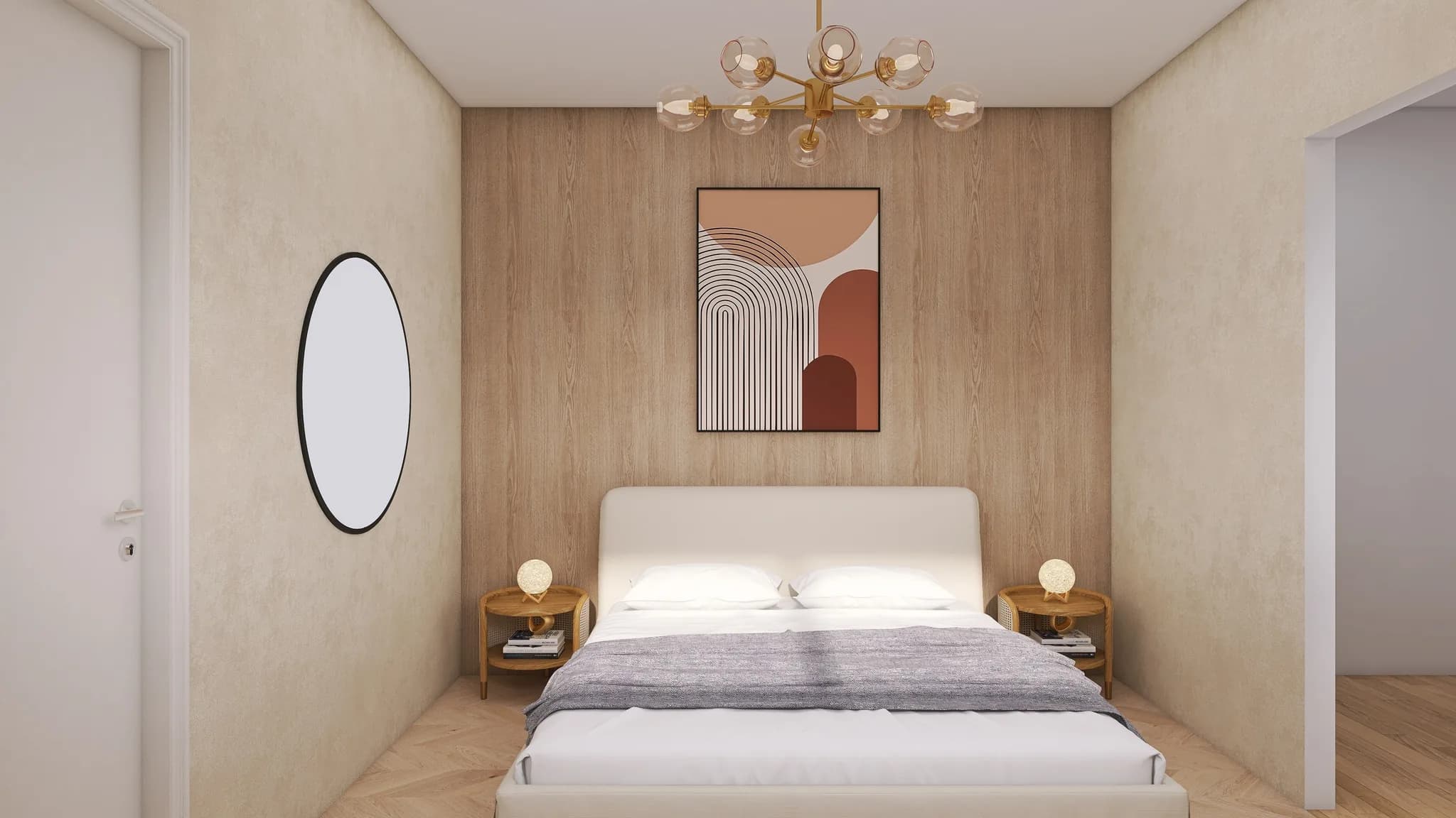 Rendu 3D d’une chambre : lit blanc, mur habillé de bois clair, tableau aux arches terre cuite, lustre doré, miroir ovale.