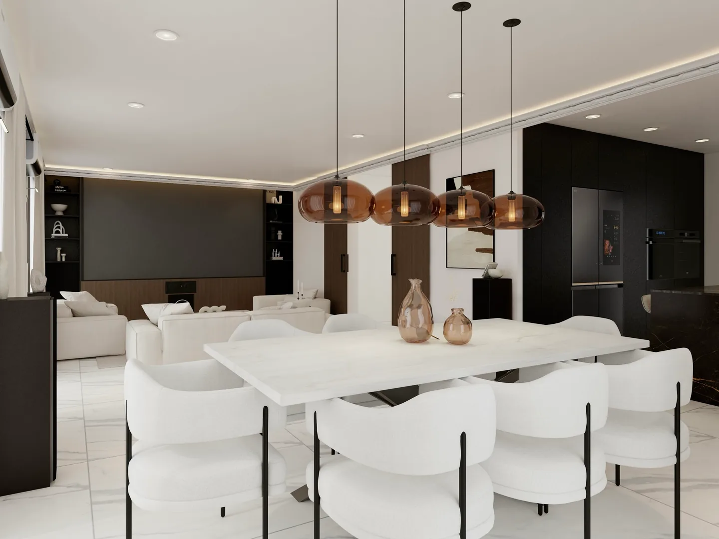 Rendu 3D d’une salle à manger : table en marbre blanc, chaises blanches enveloppantes, suspensions en verre cuivré, séjour noir et blanc en fond.