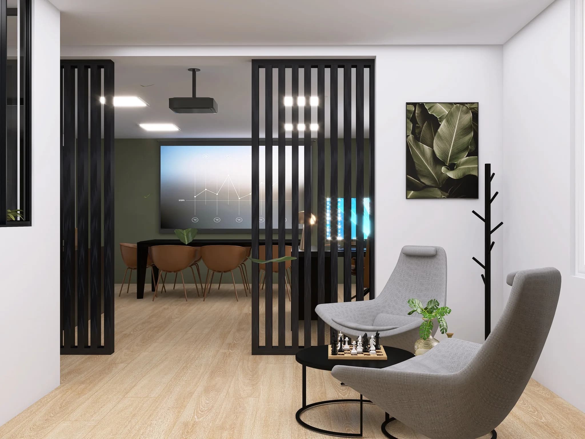 Rendu 3D d’un bureau : claustra à lames noires, fauteuils gris, échiquier sur une table basse, salle de réunion en fond.