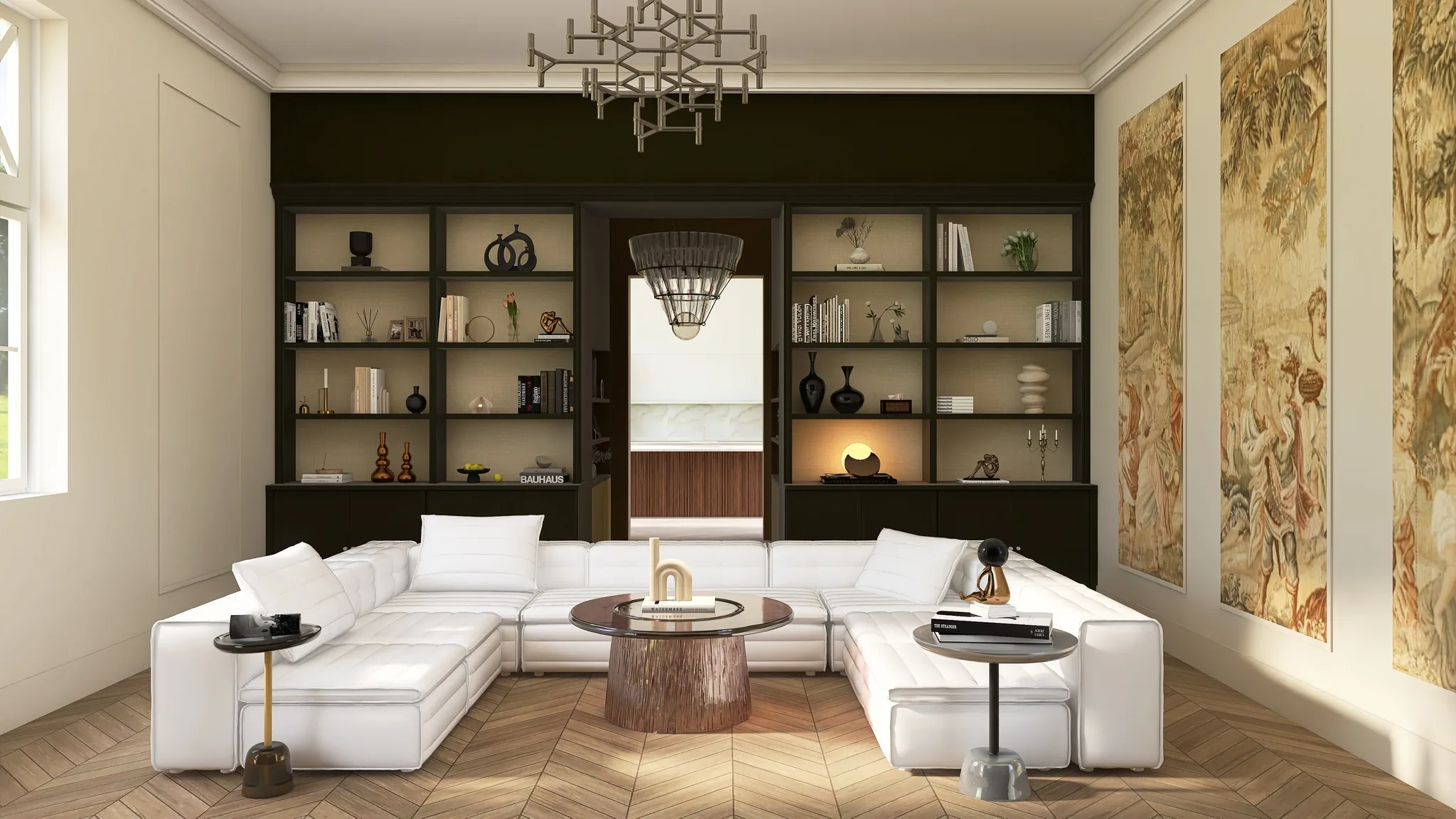 Rendu 3D d’un salon : canapé blanc en U, bibliothèques sombres éclairées, tapisseries anciennes, lustre contemporain, parquet en chevrons.