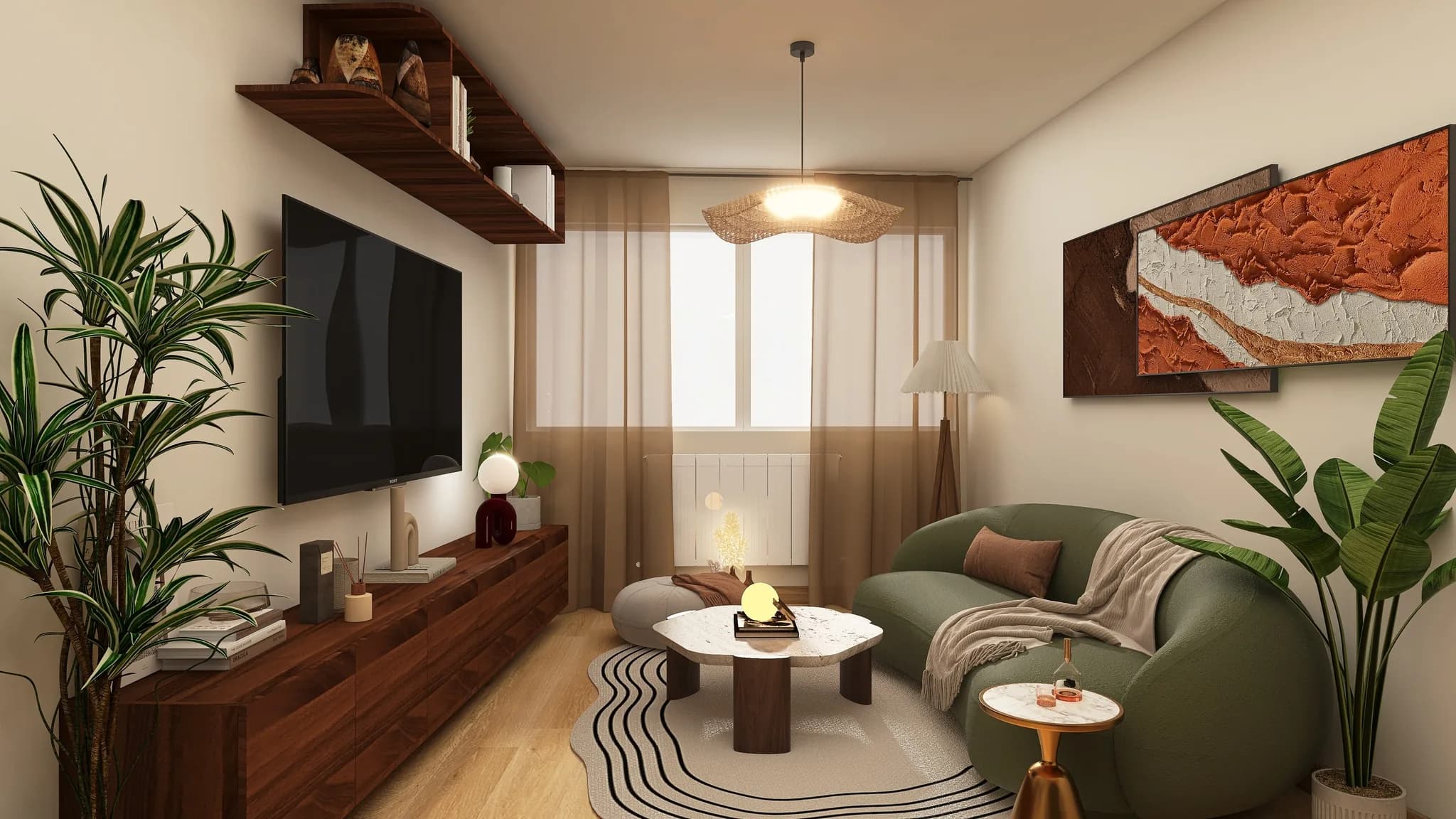Rendu 3D d’un séjour : canapé arrondi vert olive, meuble télé en noyer, tableau orange en relief, grandes plantes.