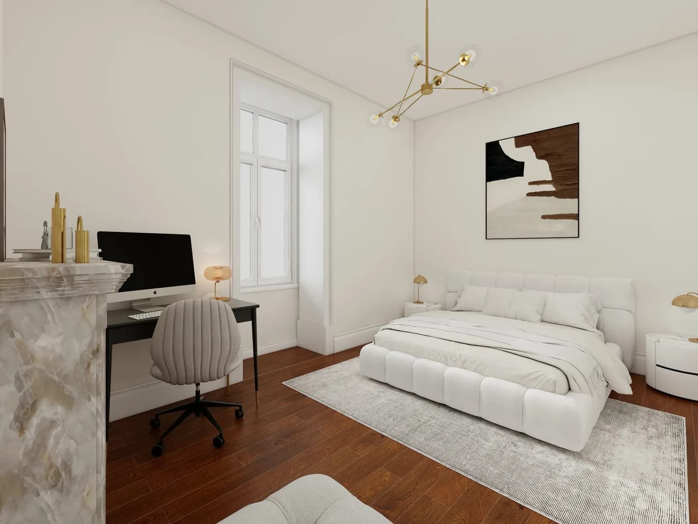 Rendu 3D d’une chambre : lit blanc capitonné, bureau noir, lustre en laiton, tableau abstrait, parquet sombre.