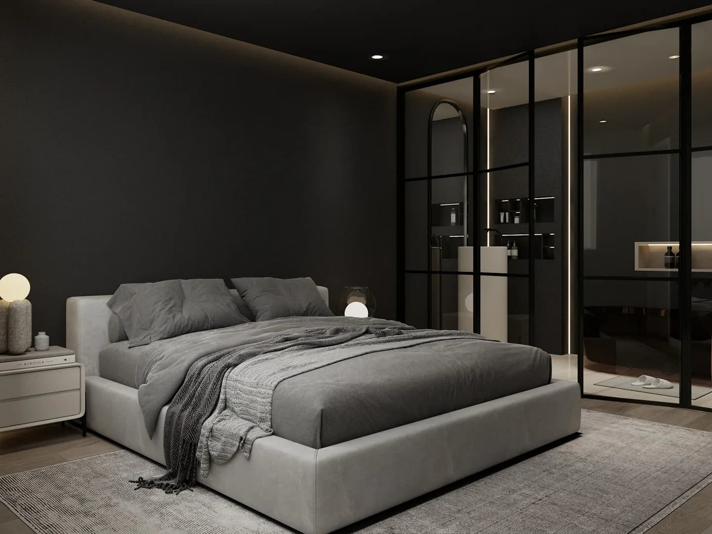 Rendu 3D d’une chambre aux murs noirs : lit gris capitonné, verrière noire vers la salle de bains, éclairage indirect.