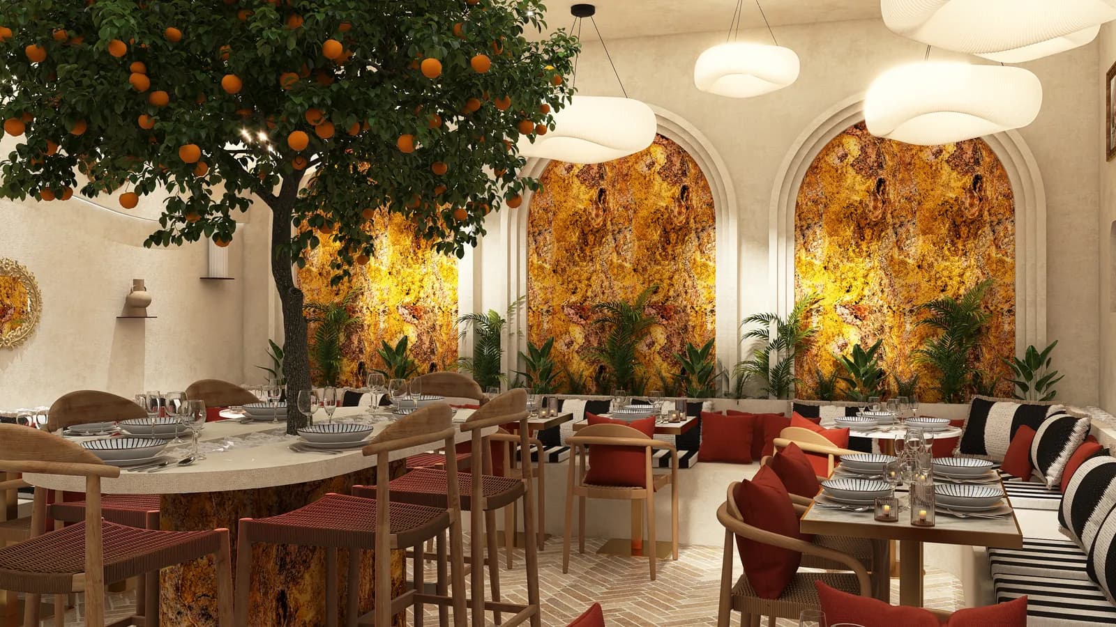 Rendu 3D d’une salle de restaurant : un oranger chargé de fruits au milieu d’une table haute, trois arches éclairées par une pierre ambrée, banquettes aux coussins rayés noir et blanc, suspensions en forme de nuage.