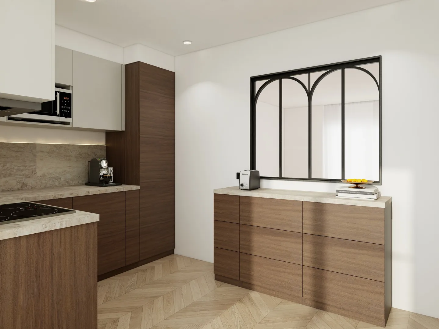 Rendu 3D d’une cuisine : façades en noyer, crédence en onyx, verrière noire en arches, parquet en chevrons.