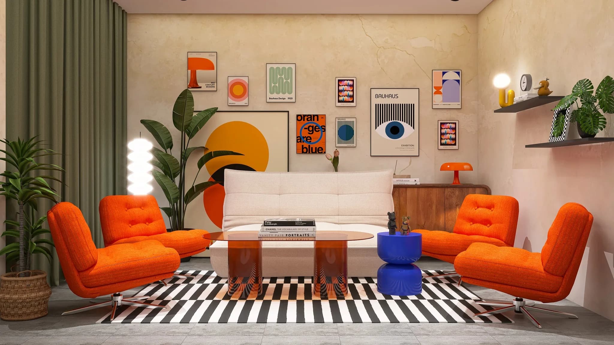 Rendu 3D d’un salon : fauteuils orange, canapé blanc, tapis rayé noir et blanc, mur d’affiches colorées, grand soleil peint.