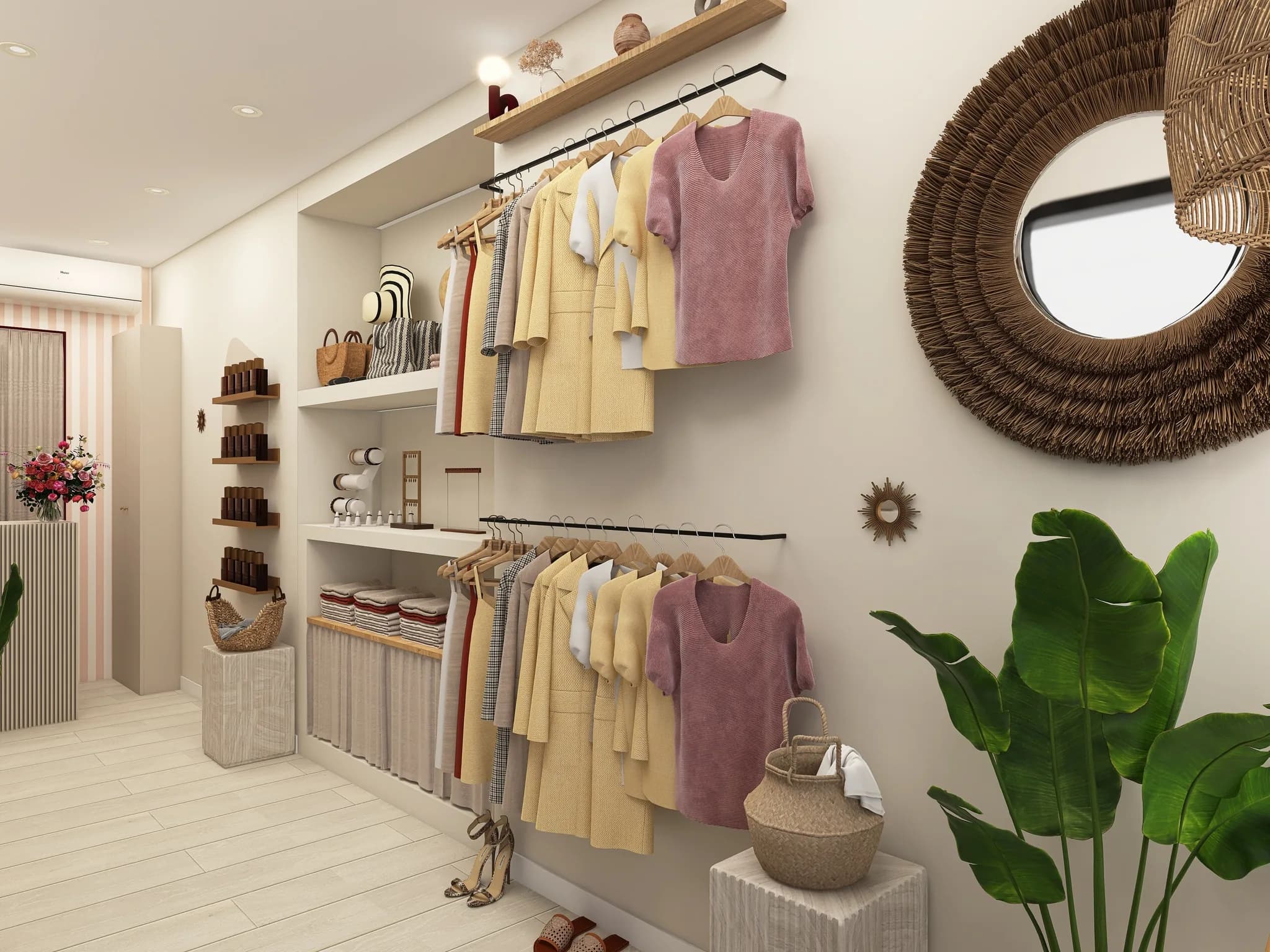 Rendu 3D d’une boutique de vêtements : portants de chemises colorées, grand miroir en rotin, chapeaux, grande plante.