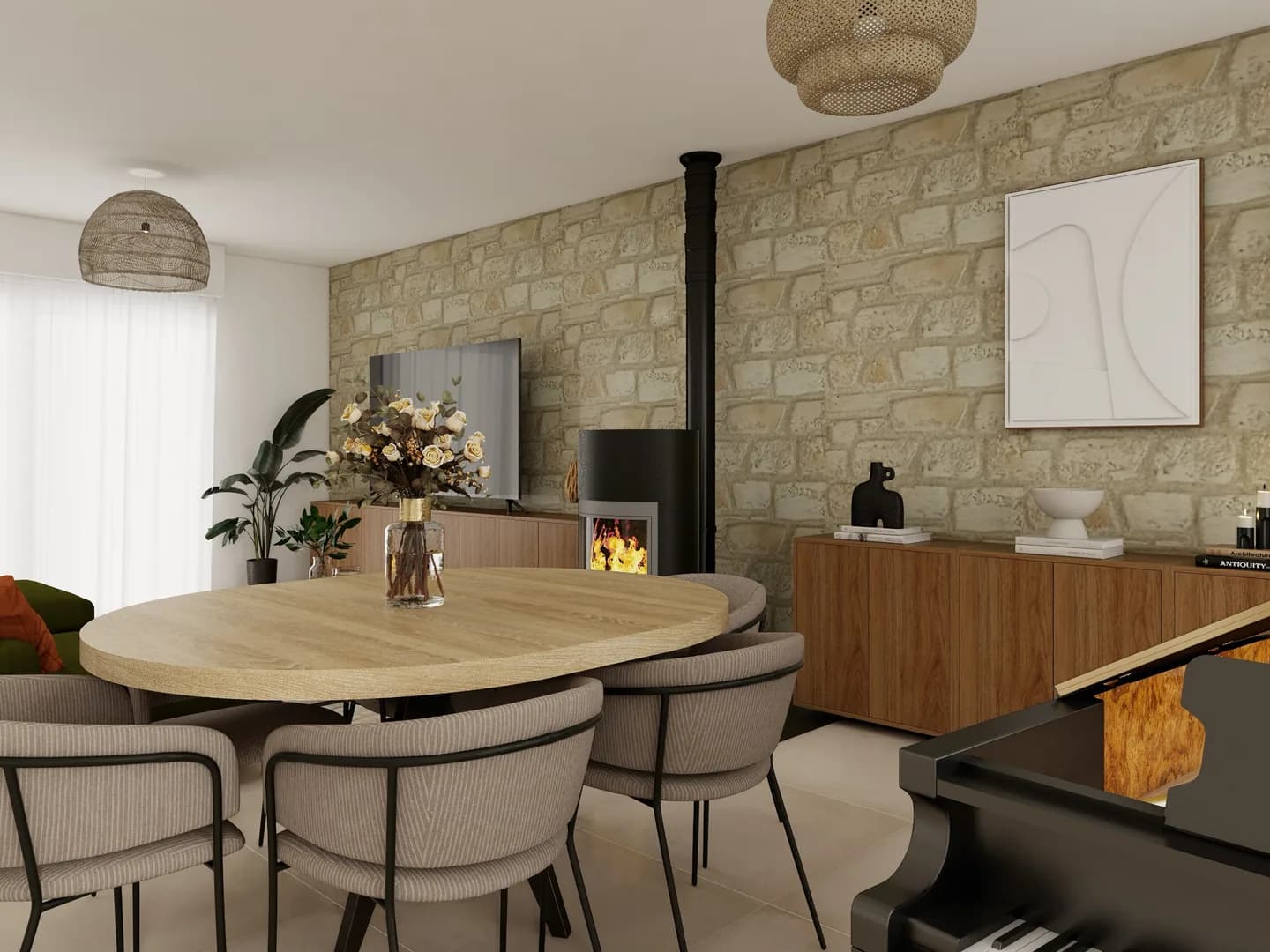 Rendu 3D d’une salle à manger : table ronde en bois, chaises beiges, mur en pierre apparente, poêle à bois noir, piano.
