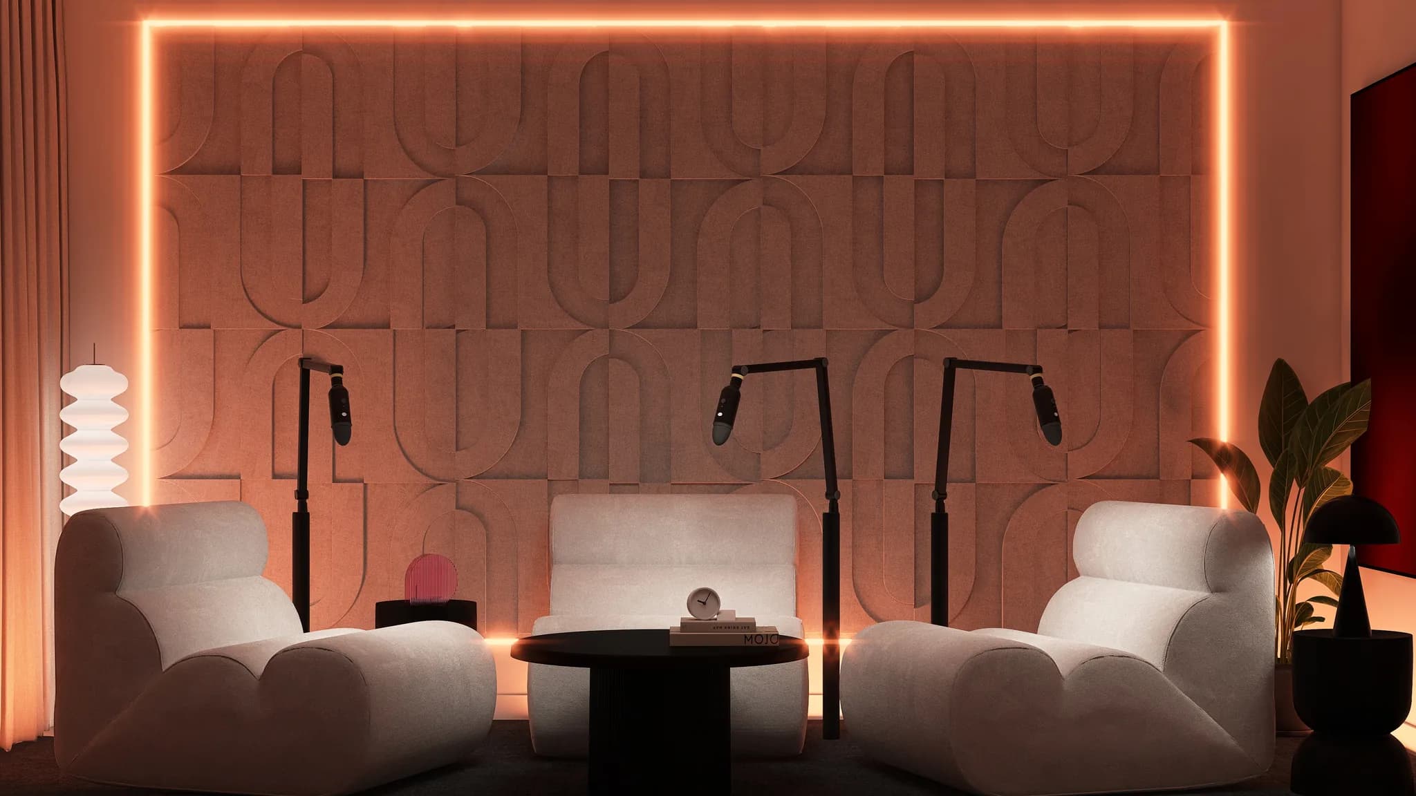 Rendu 3D d’un studio de podcast : deux fauteuils blancs arrondis autour d’une table basse noire, micros sur bras articulés, mur en relief encadré d’un trait de lumière.