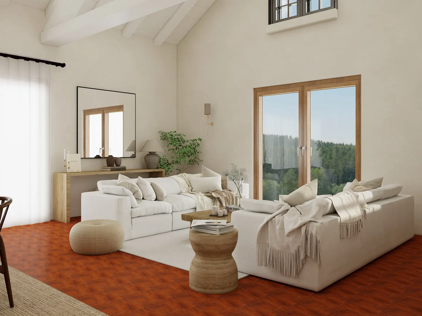 Rendu 3D d’un salon : canapés blancs, table d’appoint en bois, porte-fenêtre ouverte sur les collines, sol en tomettes rouges.
