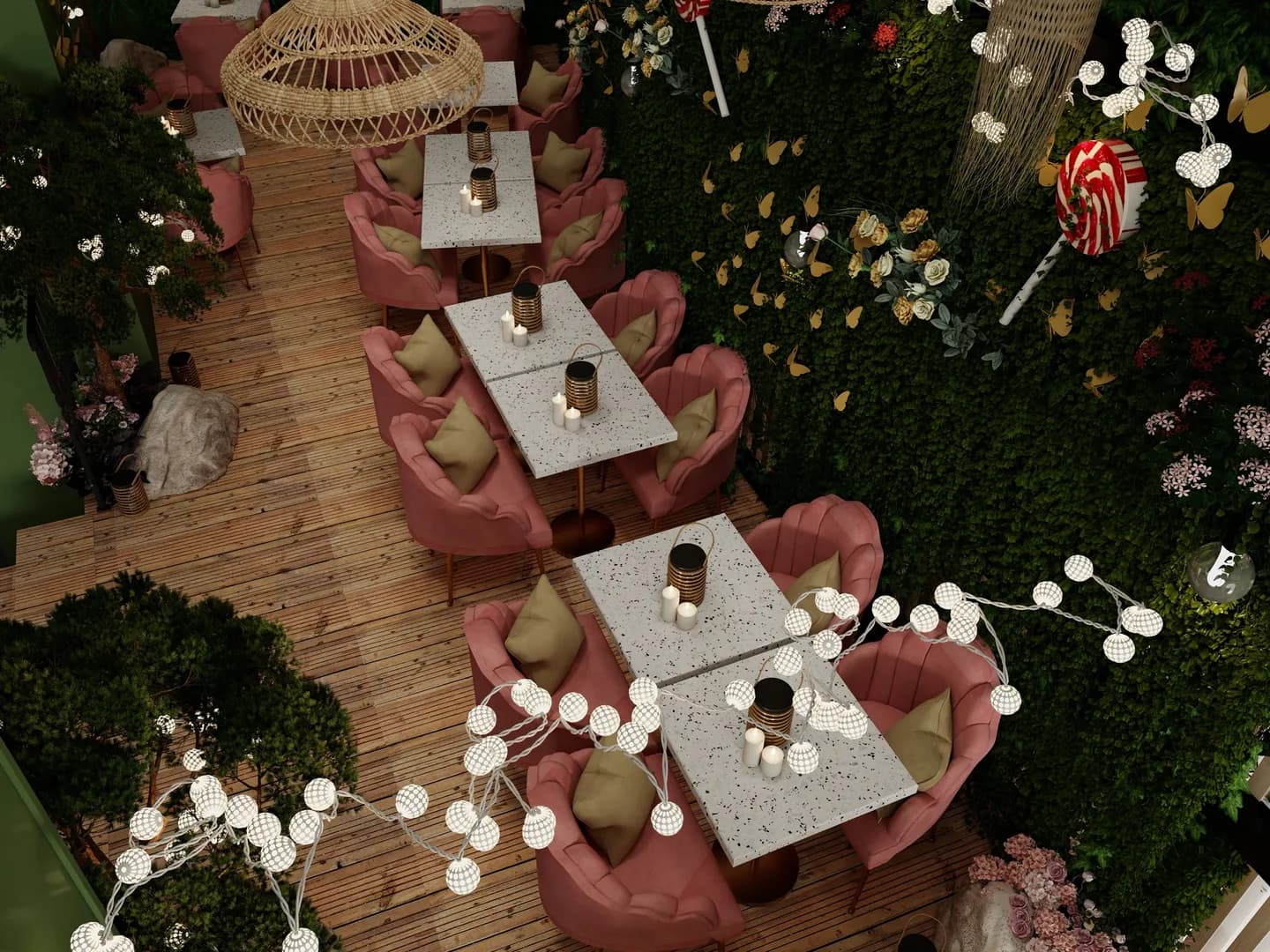 Rendu 3D d’une salle aux allures de jardin : fauteuils en velours rose, tables en terrazzo, plancher en bois, murs végétaux, guirlandes lumineuses.