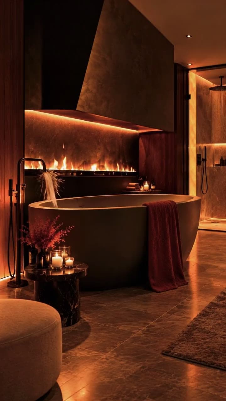Une baignoire îlot sombre qui se remplit, devant un long foyer de flammes.