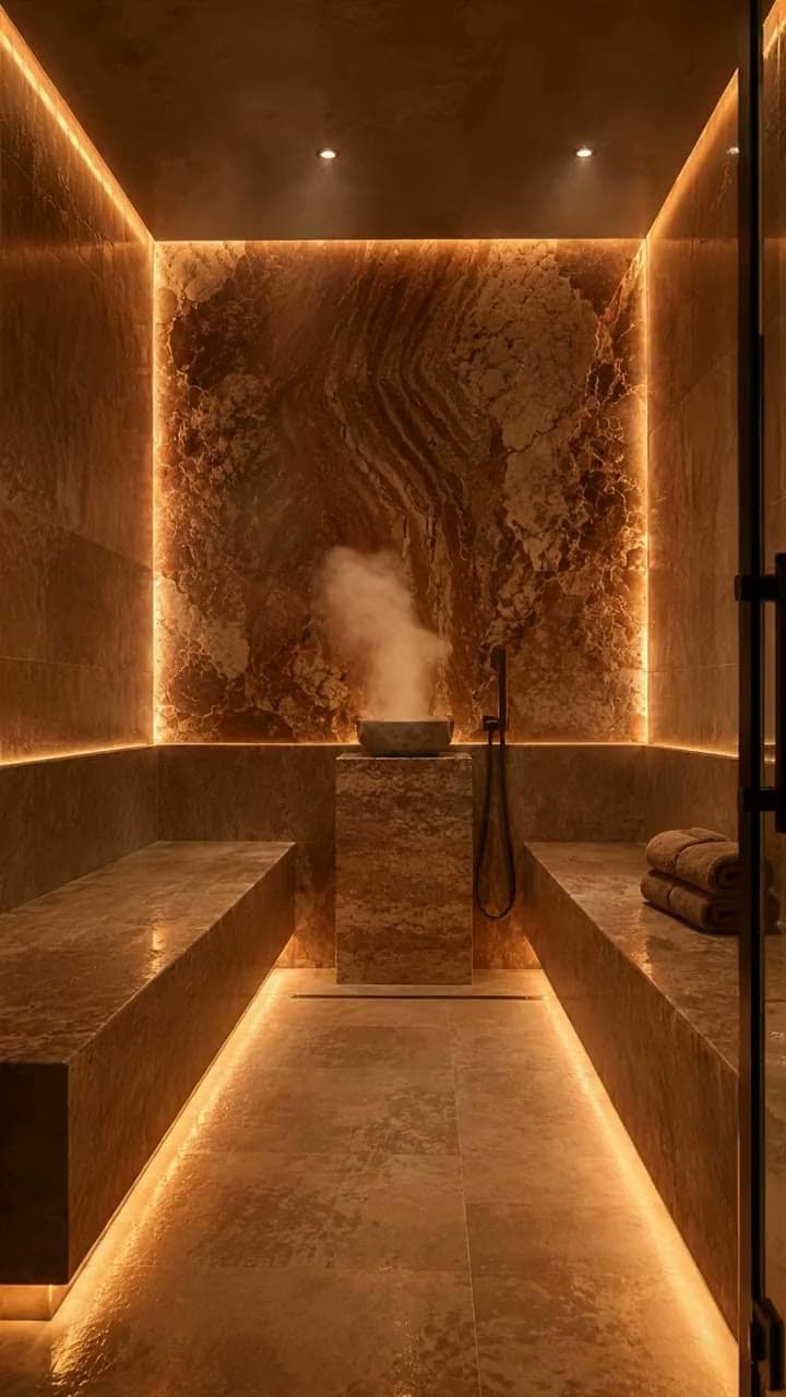 Un hammam de pierre claire : banquettes, vapeur, panneau veiné rétroéclairé.