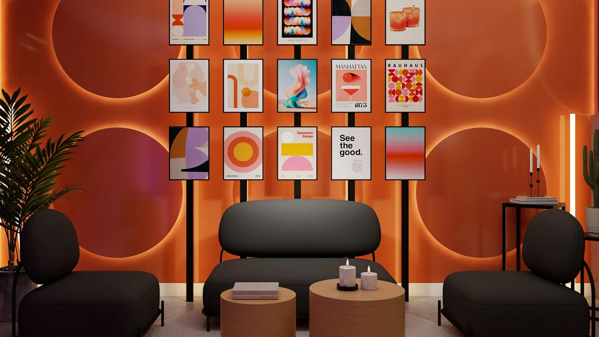 Rendu 3D d’un plateau de tournage : mur orange aux cercles en relief éclairés, mur de cadres colorés, canapé et fauteuils gris anthracite, tables basses en bois.