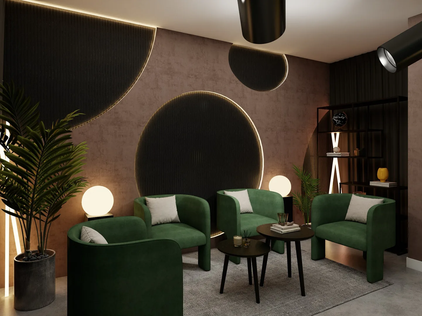 Rendu 3D d’un plateau de tournage : grands disques noirs cerclés de lumière sur un mur rosé, fauteuils en velours vert, lampes boules, projecteurs.