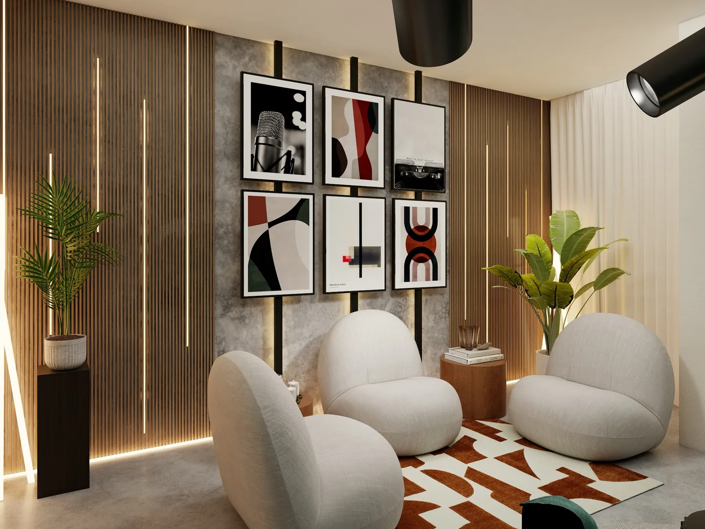 Rendu 3D d’un plateau de tournage : six tableaux graphiques rouges, noirs et blancs, lames de bois éclairées, fauteuils en bouclette blanche, tapis rouge et blanc.