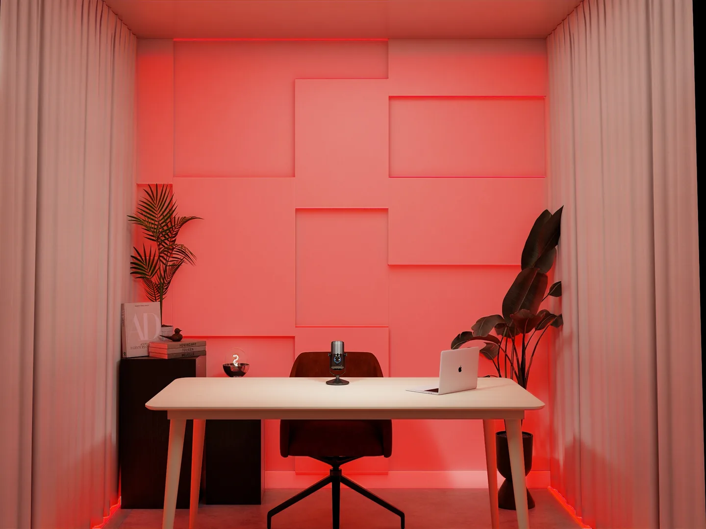 Rendu 3D d’un studio d’enregistrement en lumière rouge : bureau blanc, micro, murs en relief, plantes vertes.