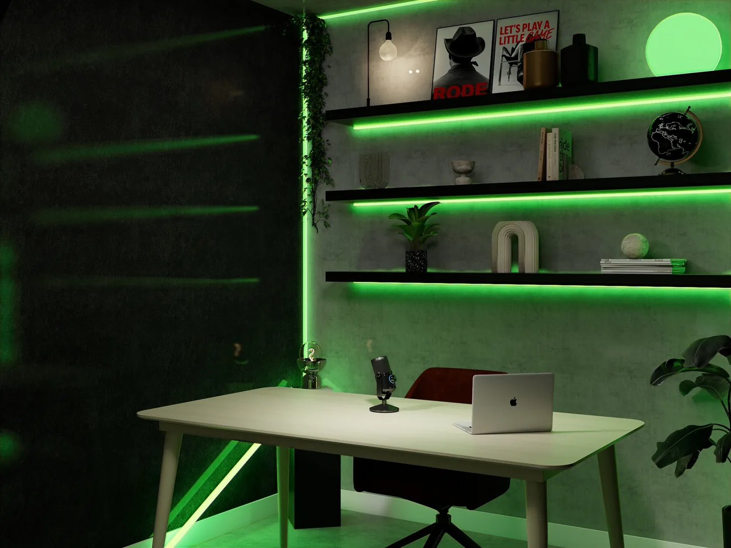 Rendu 3D d’un studio d’enregistrement : étagères soulignées de lumière verte, bureau blanc, micro, mur sombre.