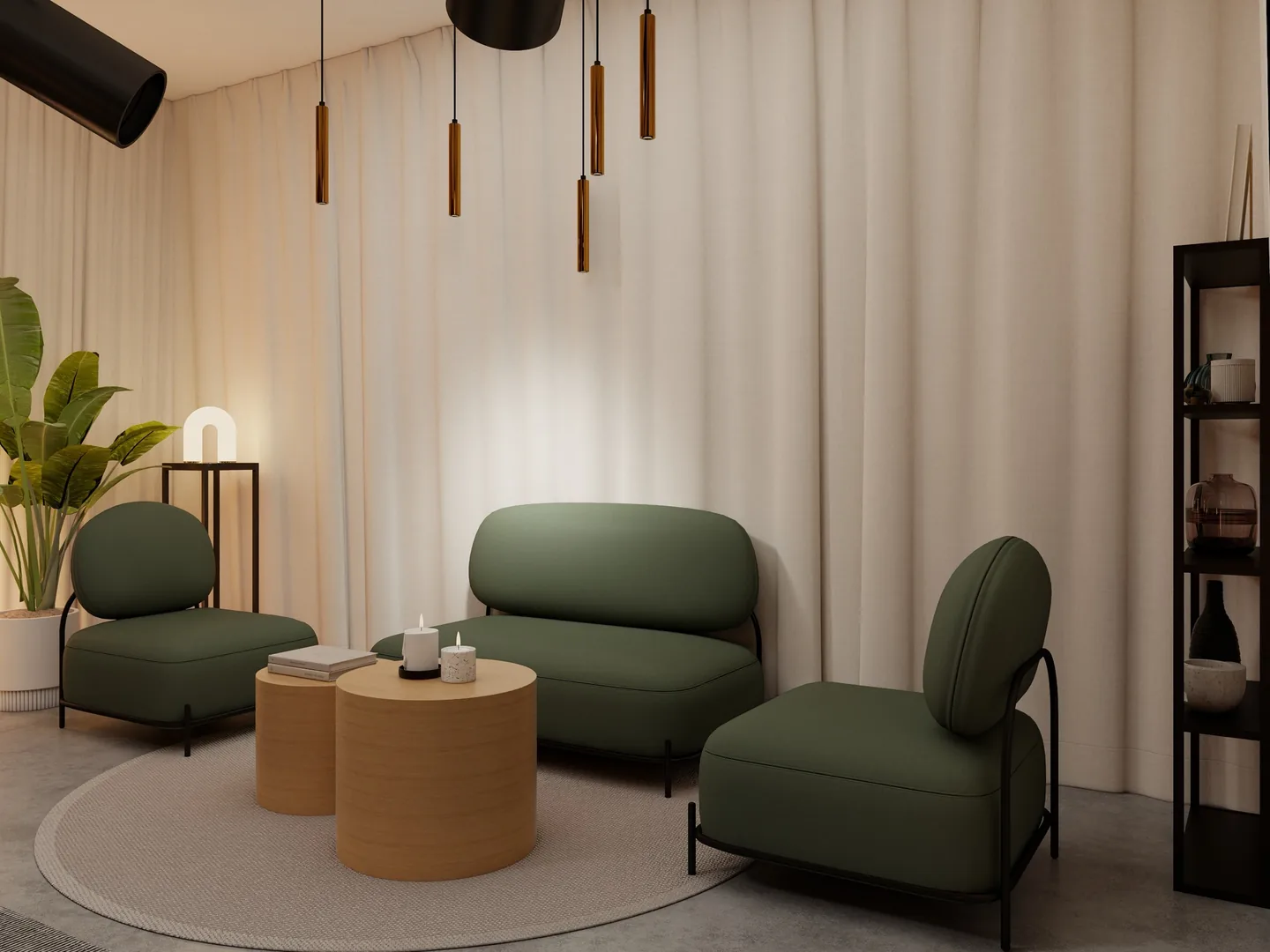 Rendu 3D d’un plateau de tournage : fauteuils vert sauge, tables basses en bois, rideaux blancs, suspensions cuivrées.