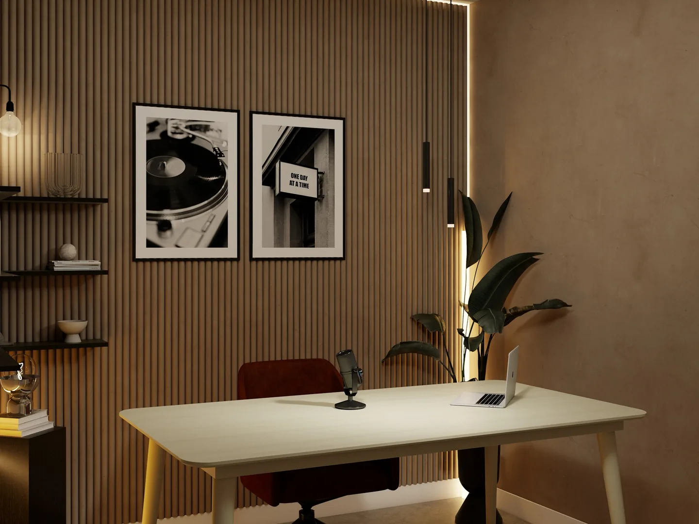 Rendu 3D d’un studio d’enregistrement : mur en lames de bois, bureau blanc, micro, deux tableaux noir et blanc.
