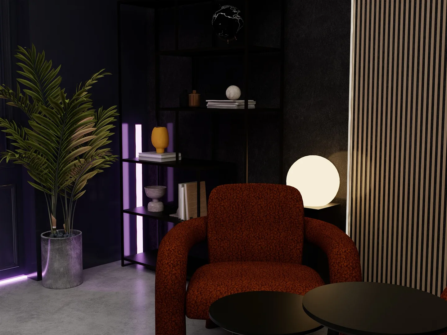 Rendu 3D d’un salon sombre : fauteuil bouclé couleur rouille, tables basses noires, lampe boule, néons violets.