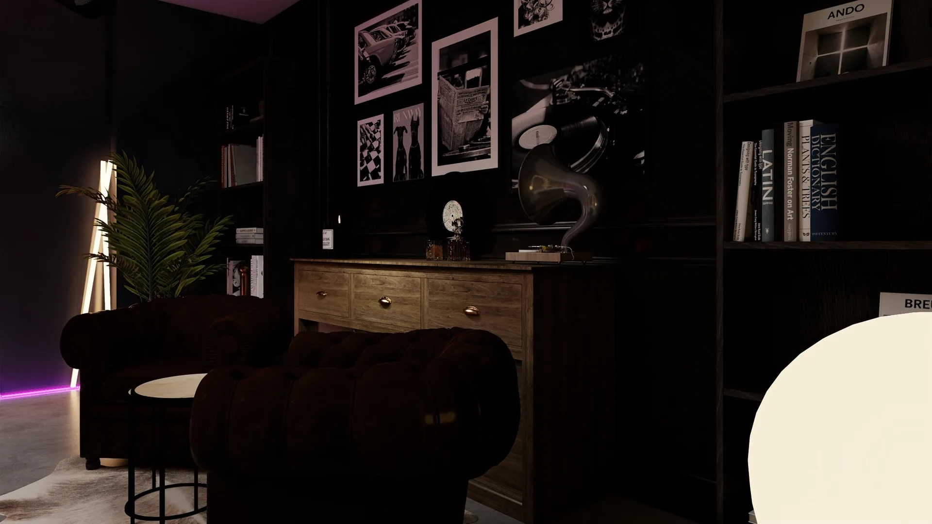Rendu 3D d’un salon sombre : canapé capitonné brun, bibliothèque noire, cadres au mur, lumière violette.