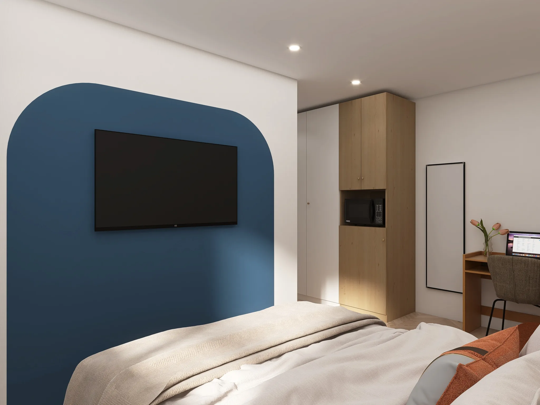 Rendu 3D d’une chambre : mur bleu canard en arche, télévision, lit au linge beige, armoire en bois clair.