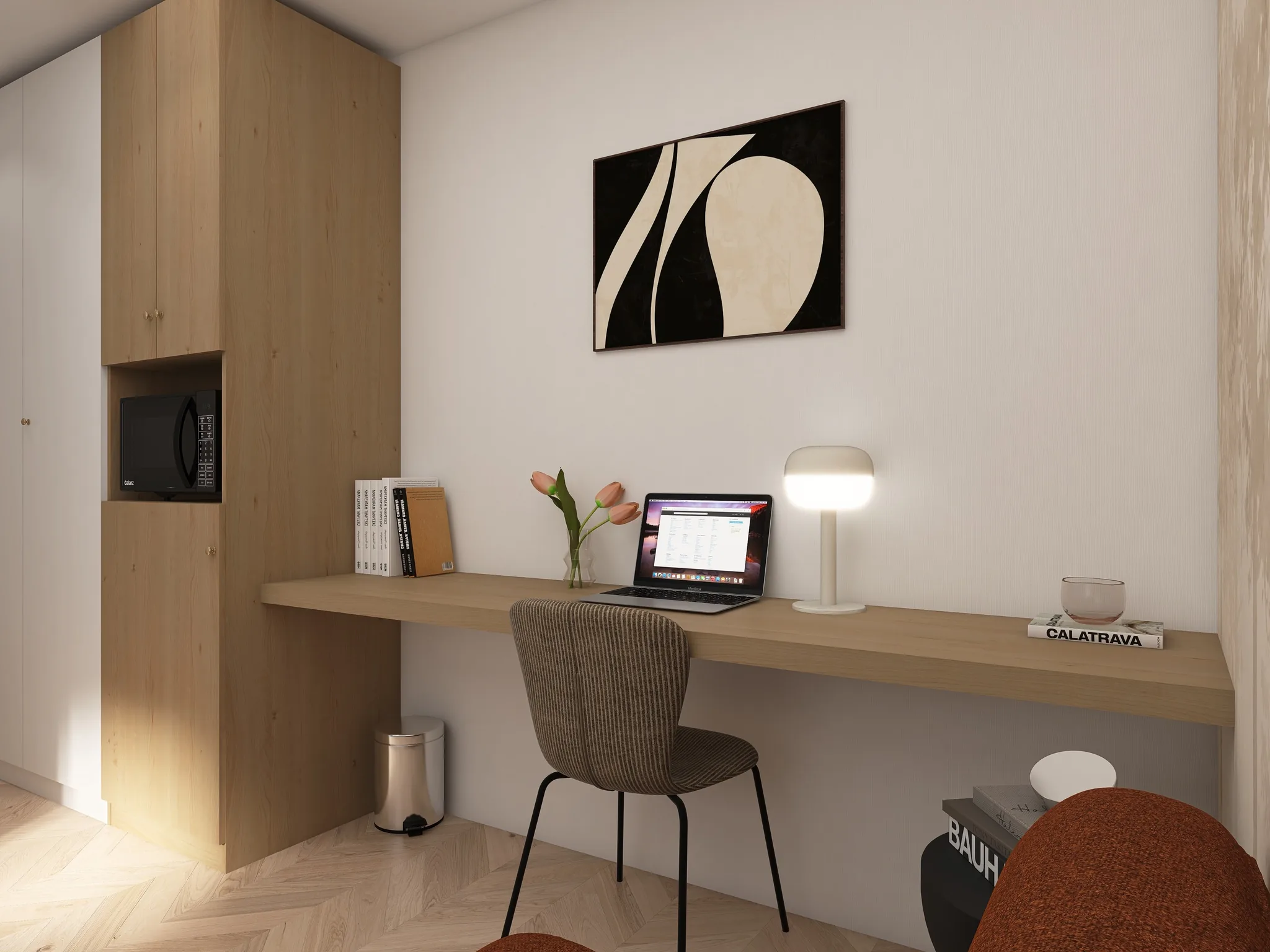 Rendu 3D d’un coin bureau : plan de travail en bois clair, chaise tressée, lampe champignon, colonne en bois avec micro-ondes.