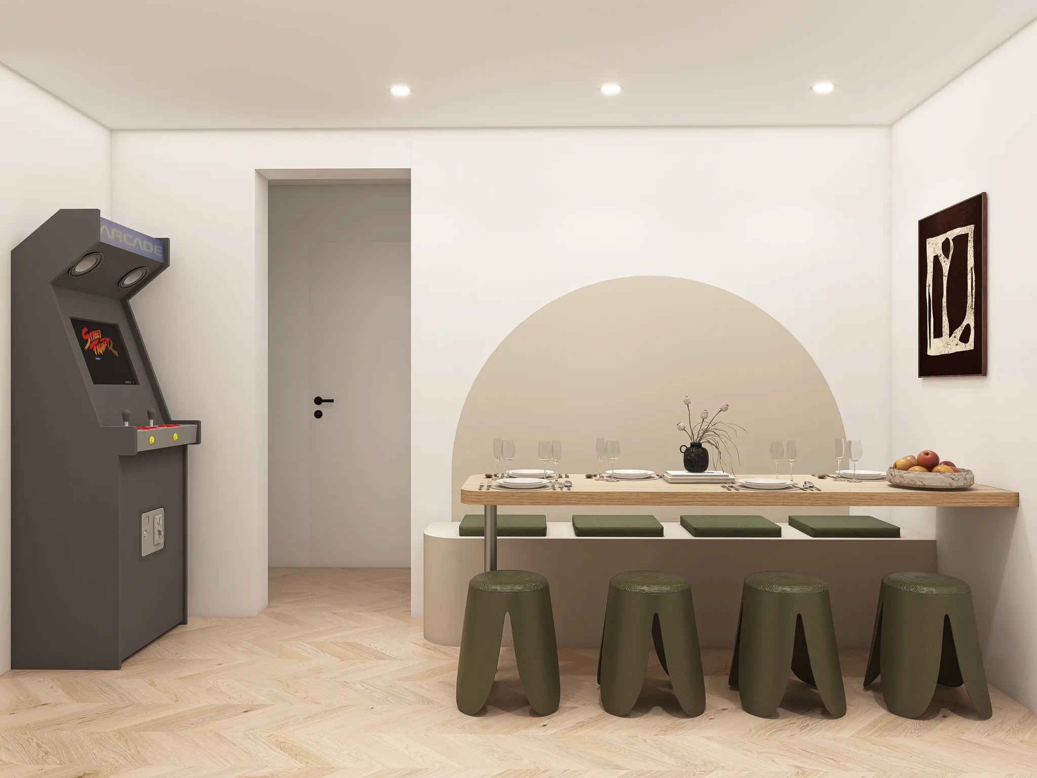 Rendu 3D d’un coin repas : borne d’arcade, comptoir en bois et tabourets vert olive, arche beige peinte.
