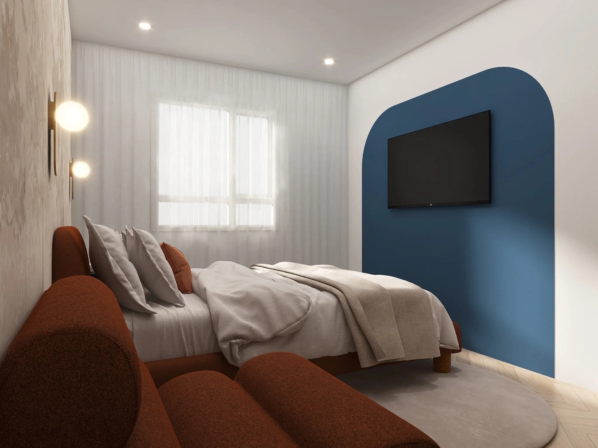 Rendu 3D d’une chambre : canapé couleur rouille, lit au linge beige, mur bleu canard, appliques dorées.