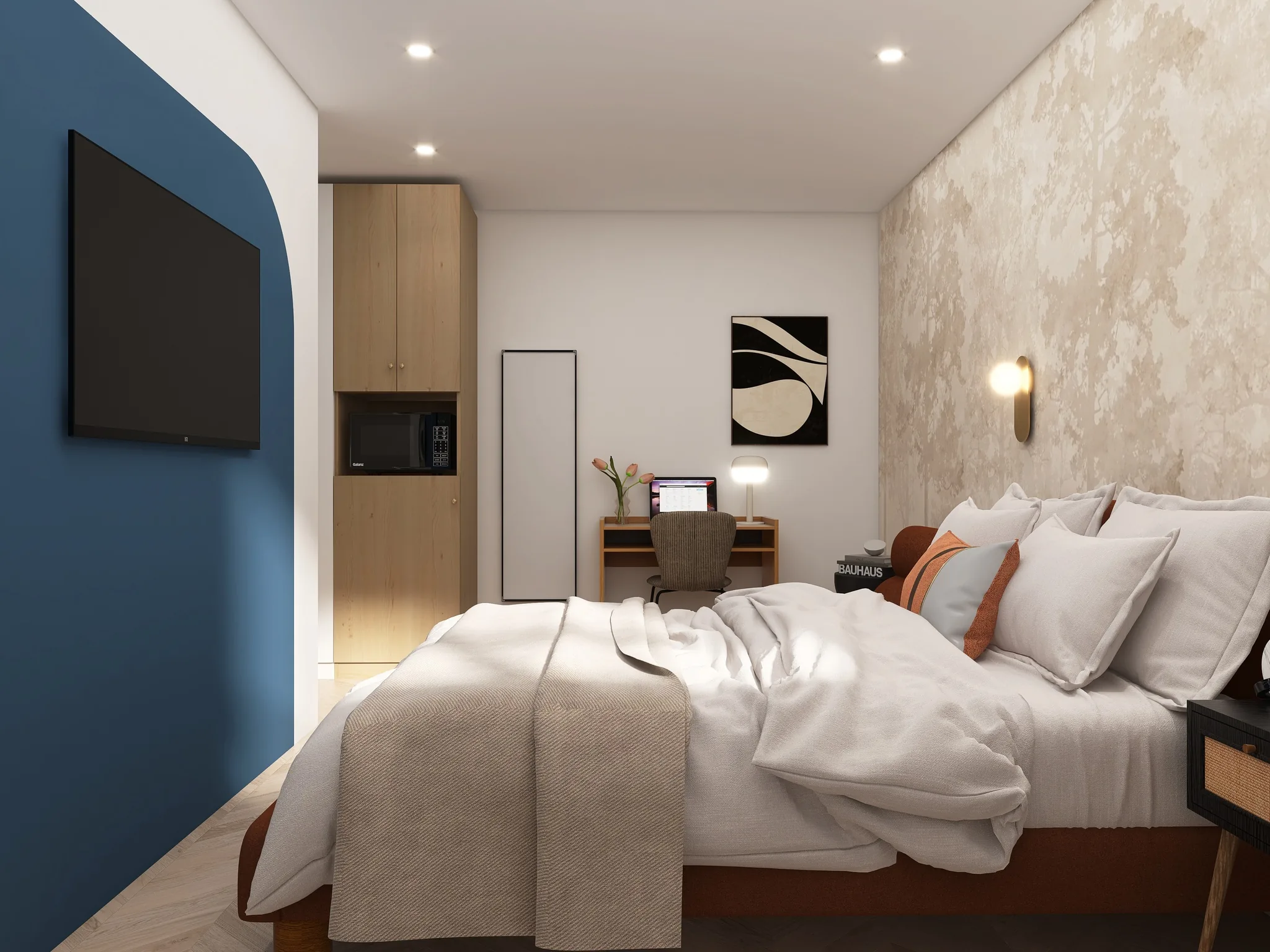 Rendu 3D d’une chambre : mur bleu canard, lit au linge beige, bureau, armoire en bois clair.