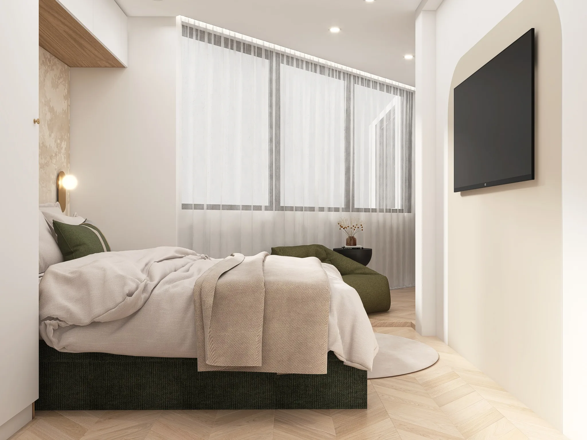 Rendu 3D d’une chambre : lit au sommier vert, fenêtres voilées, télévision dans une arche.