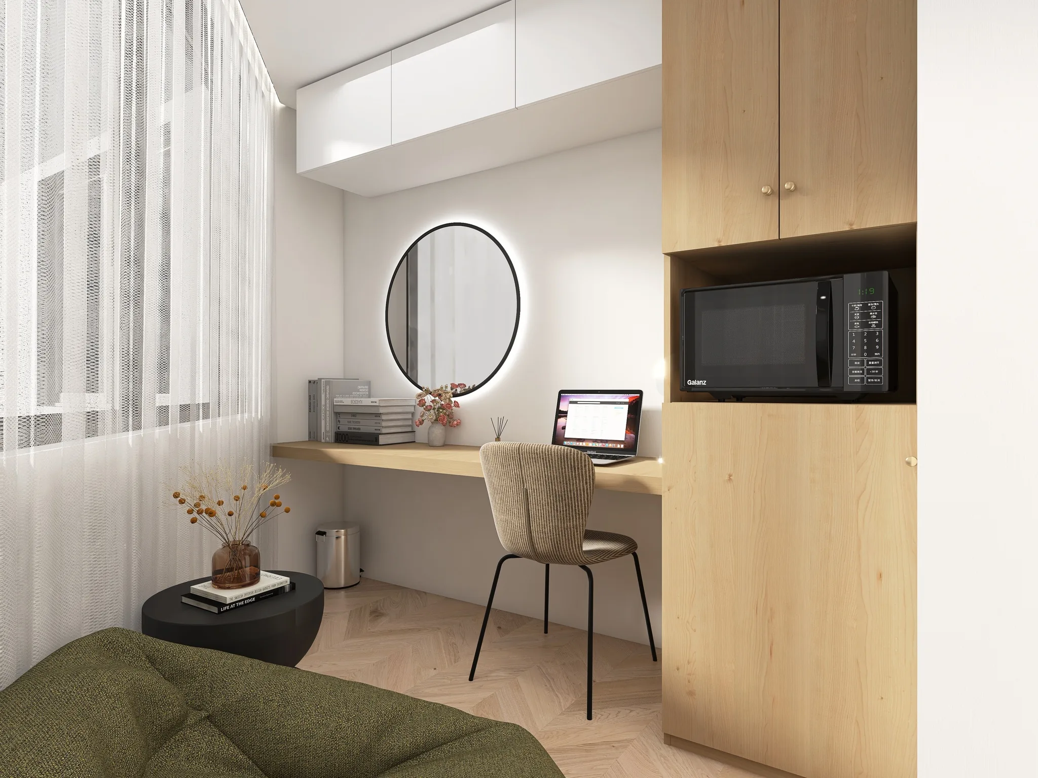 Rendu 3D d’un coin bureau : miroir rond éclairé, plan de travail en bois clair, armoire avec micro-ondes, pouf vert.