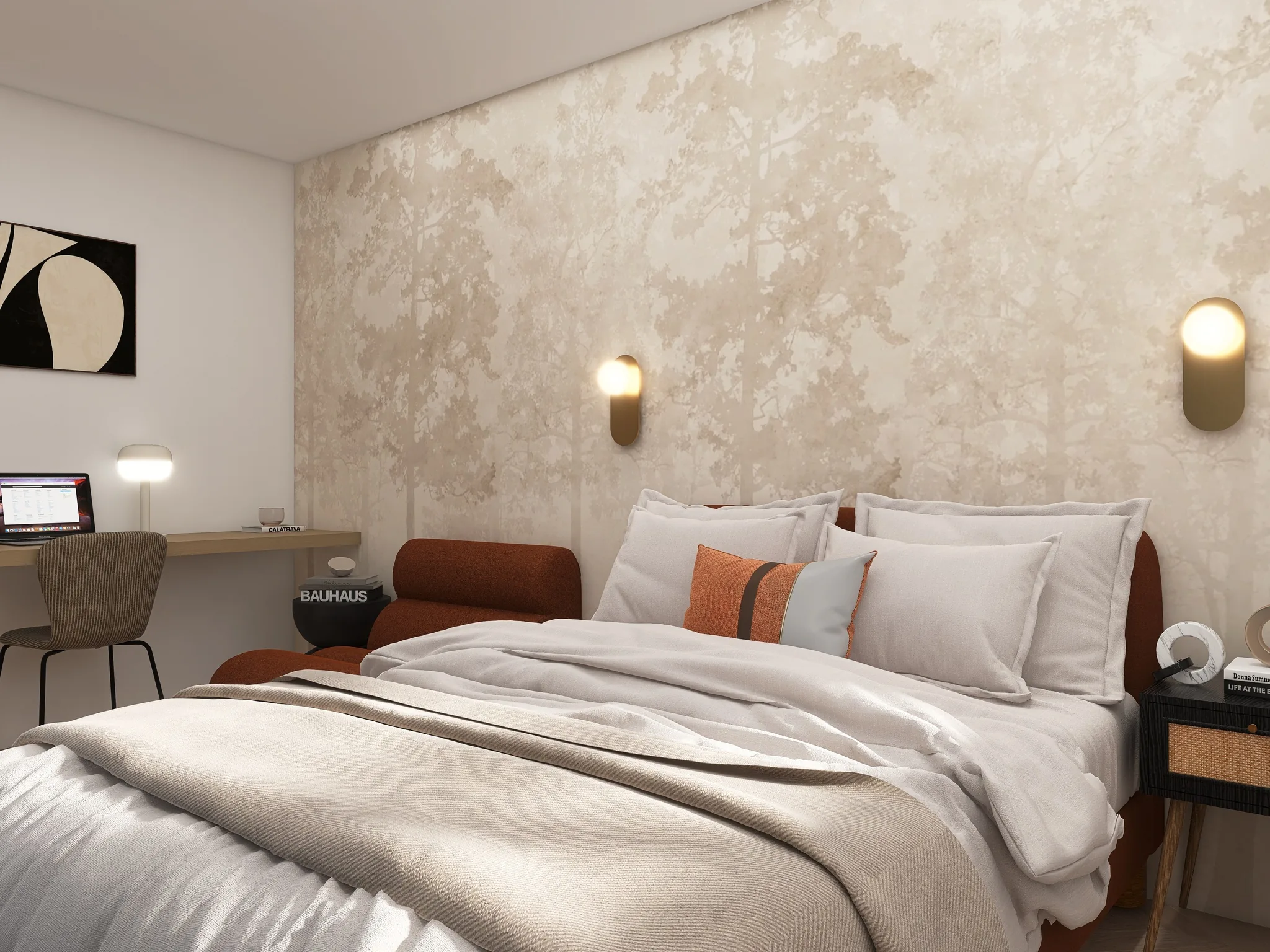 Rendu 3D d’une chambre : canapé couleur rouille au pied du lit, papier peint marbré, appliques dorées.