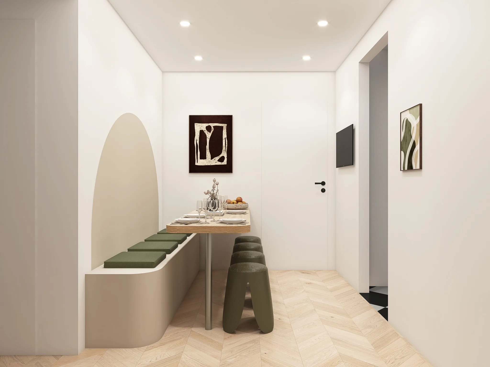 Rendu 3D d’un coin repas : banquette et tabourets vert olive, arche peinte, tableau noir et beige.