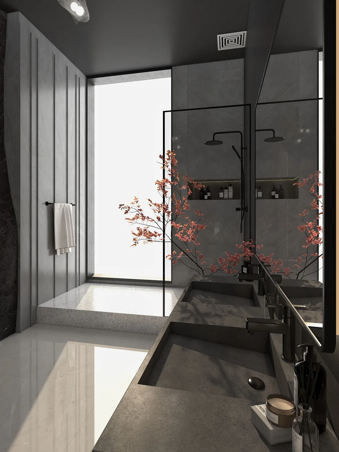 Rendu 3D d’une salle de bains sombre : plan vasque en pierre, branches fleuries, douche vitrée, fenêtre lumineuse.