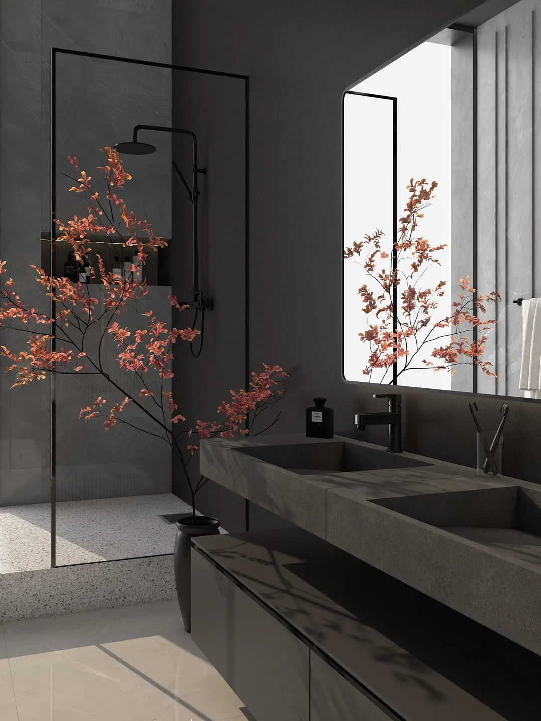Rendu 3D d’une salle de bains : double vasque en pierre grise, branches de cerisier en fleurs, paroi de douche noire.