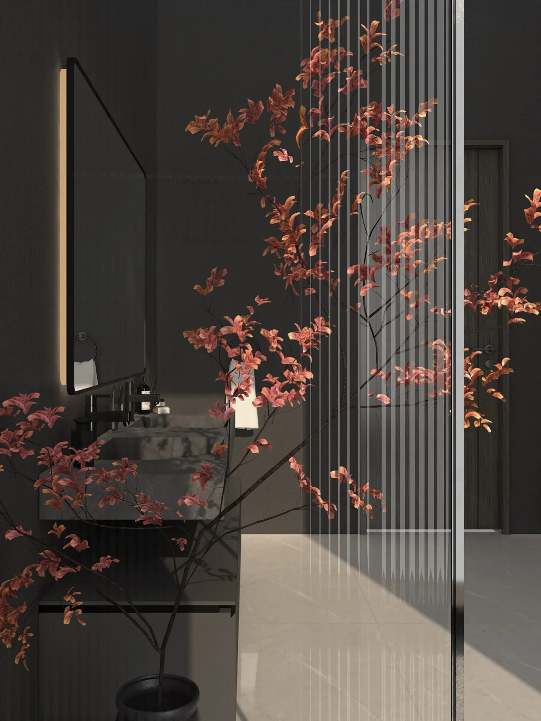 Rendu 3D d’une salle de bains sombre : branches de cerisier en fleurs, paroi en verre cannelé, miroir éclairé.
