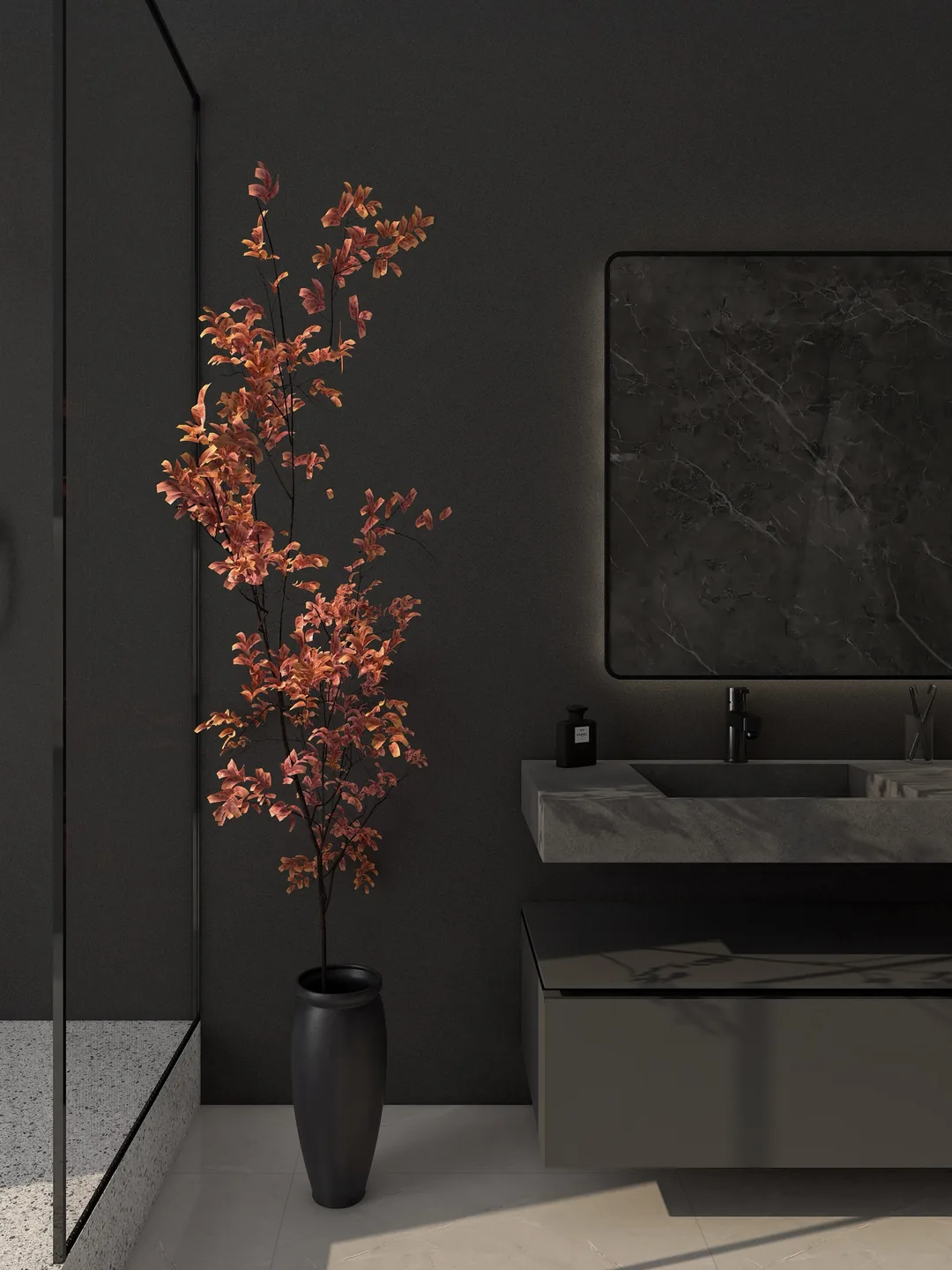 Rendu 3D d’une salle de bains sombre : vase de branches fleuries, vasque en pierre, mur en marbre noir veiné.