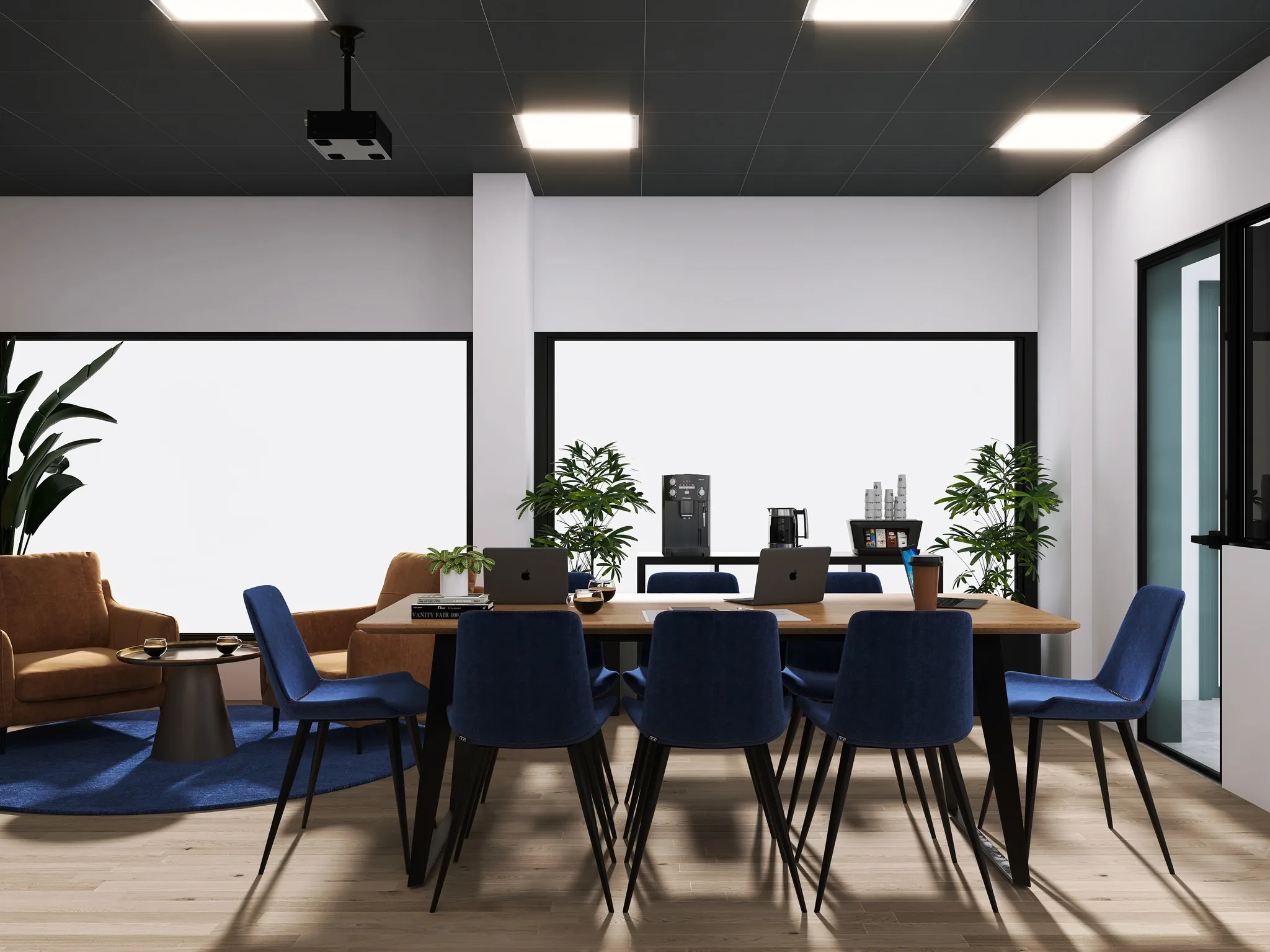 Rendu 3D d’une salle de réunion : table aux chaises en velours bleu roi, plafond noir et dalles lumineuses, grandes fenêtres.