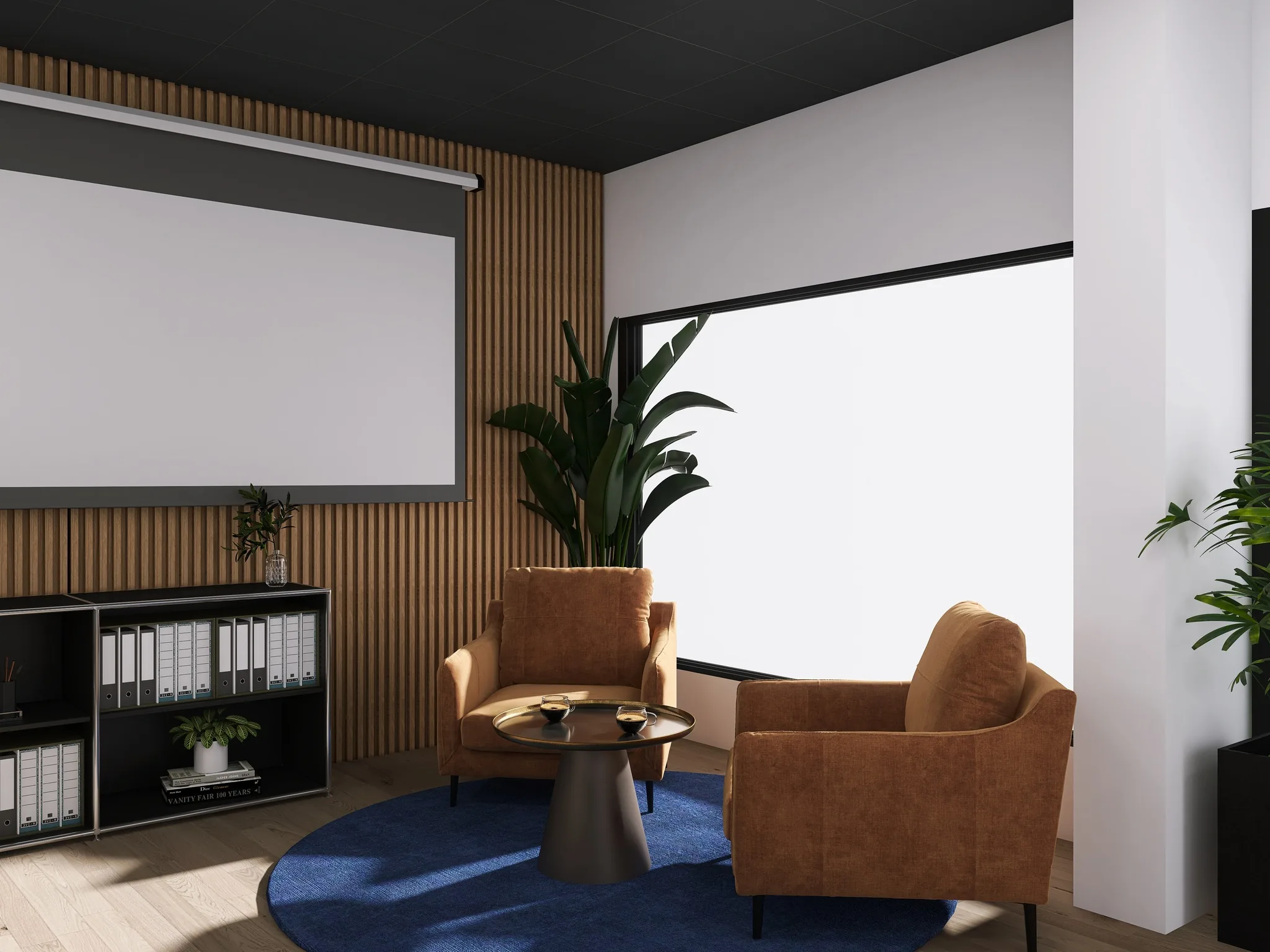 Rendu 3D d’un coin détente : deux fauteuils cognac sur un tapis rond bleu, écran de projection, lambris de bois.